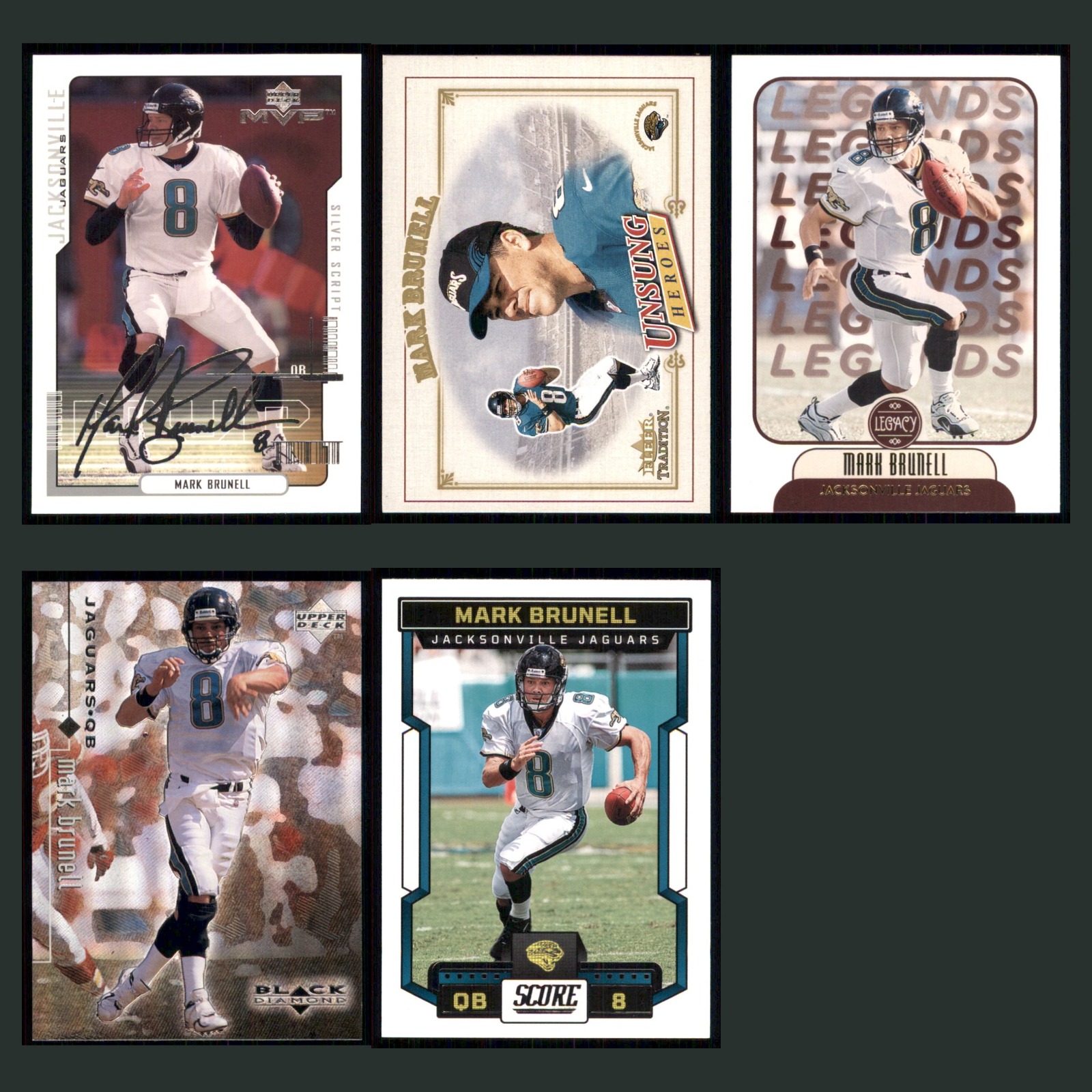 Mark Brunell Lot 5 Football Cards 2000 Upper Deck MVP Silver Script Jaguars Set card scans. Overall card condition is Near Mint.