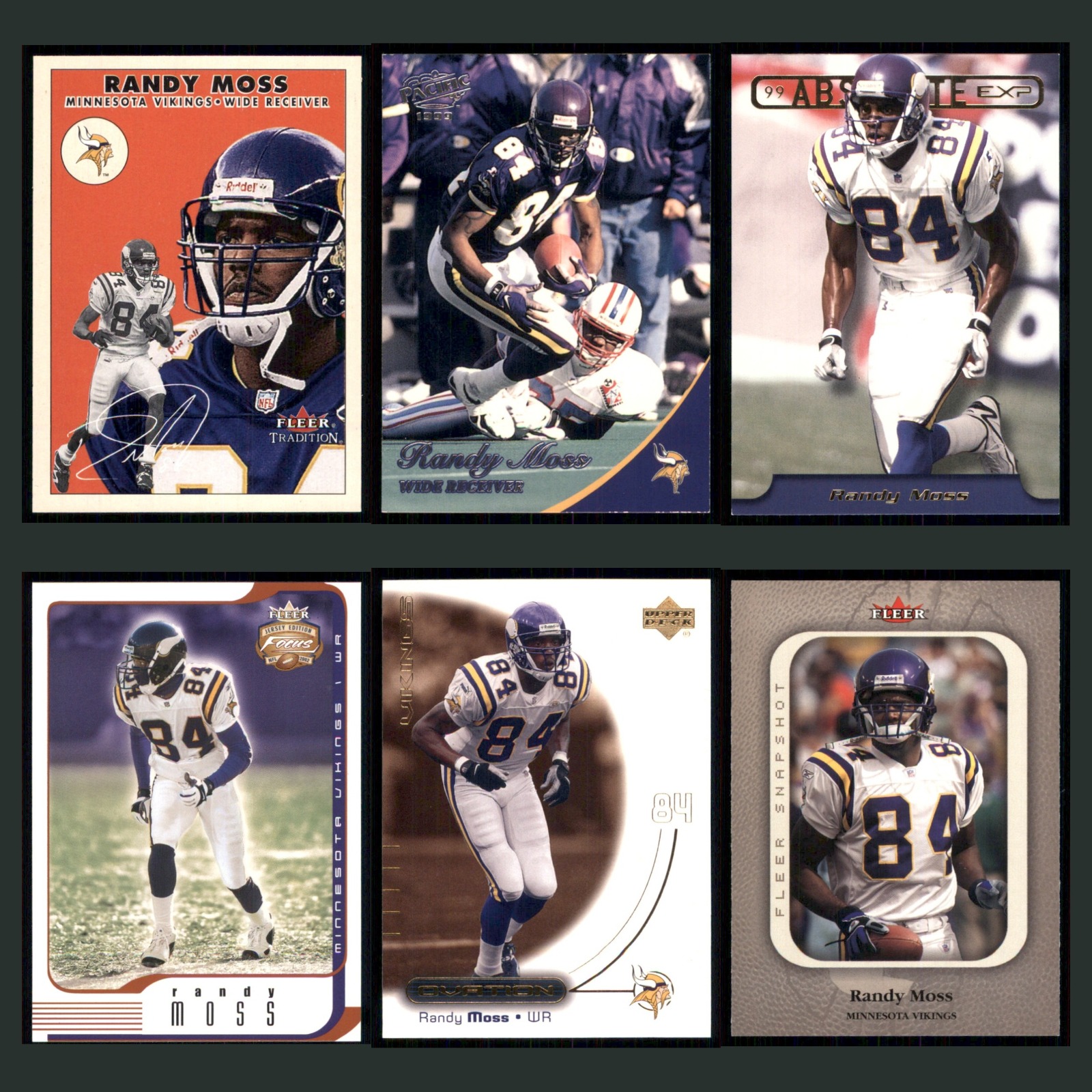 Randy Moss Lot 6 Football Cards 2000 Fleer Tradition Minnesota Vikings Set NFL card scans. Overall card condition is Near Mint.