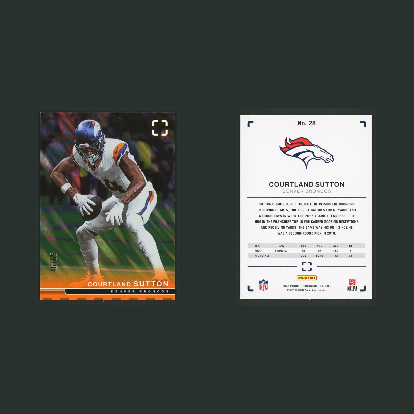 Courtland Sutton /65 #28 2025 Panini Photogenic Orange Denver Broncos Football front and back scans. Card condition is Near Mint.