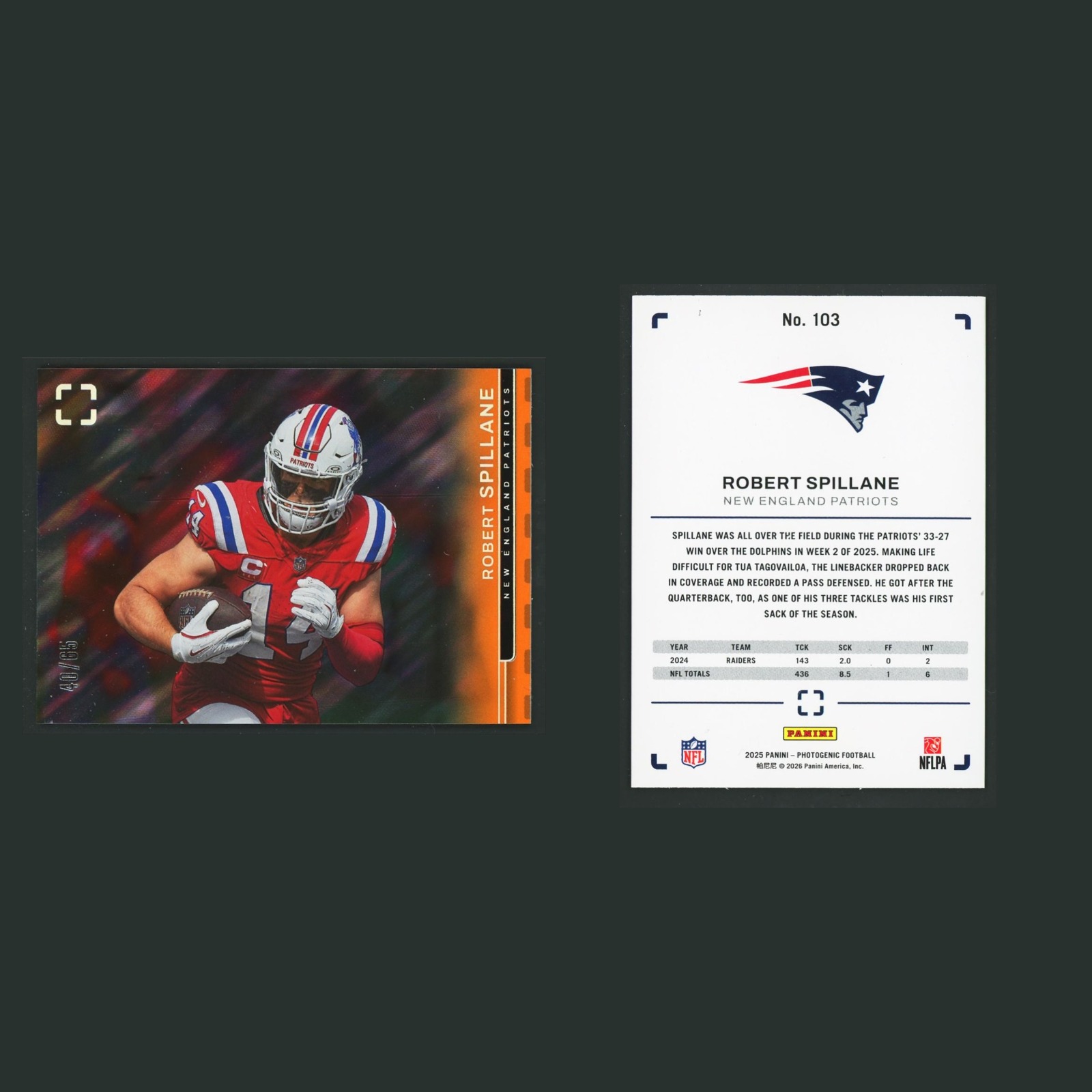 Robert Spillane /65 #103 2025 Panini Photogenic Orange New England Patriots Card front and back scans. Card condition is Near Mint.