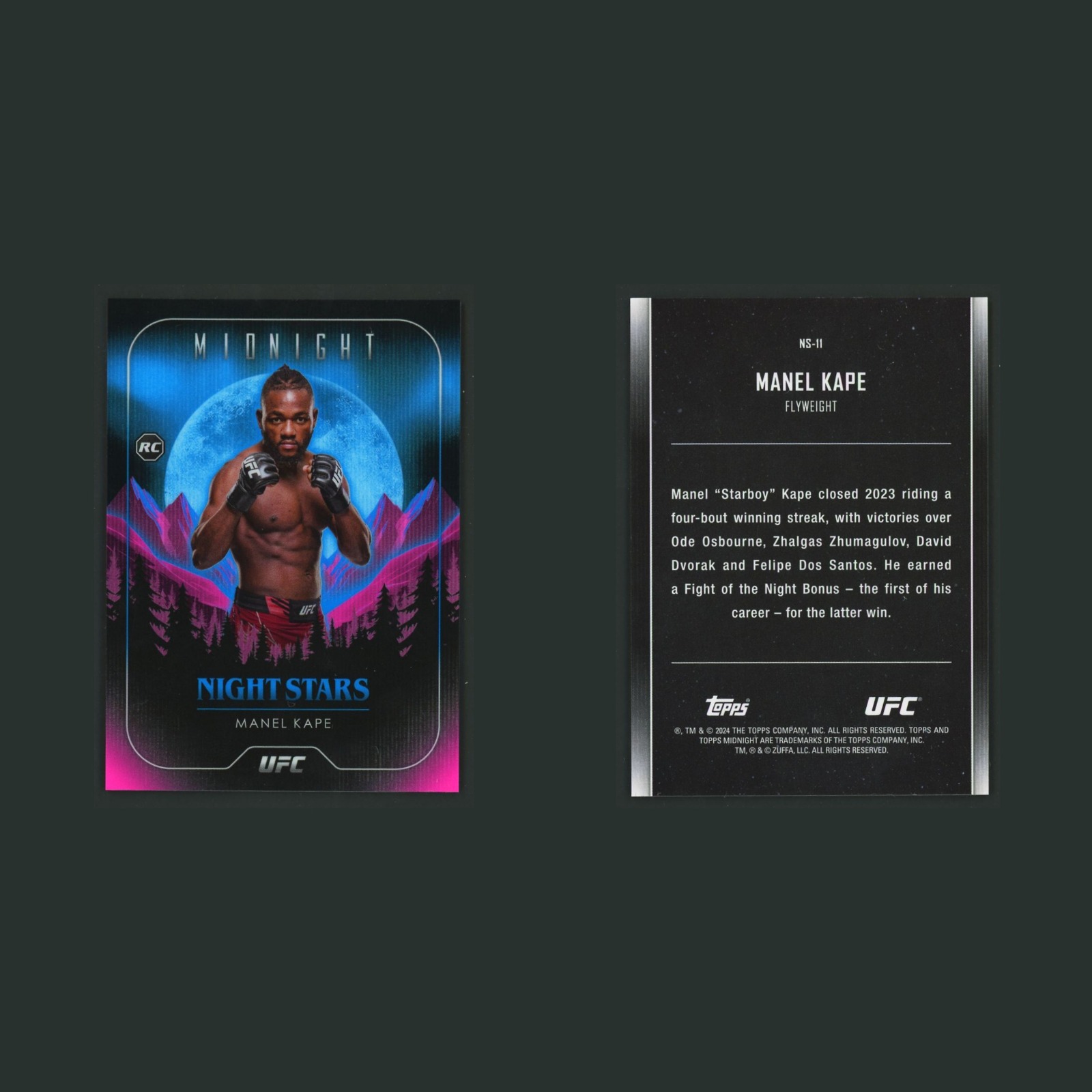 Manel Kape Rookie #NS-11 2024 Topps Midnight UFC Night STars MMA Card front and back scans. Card condition is Near Mint.