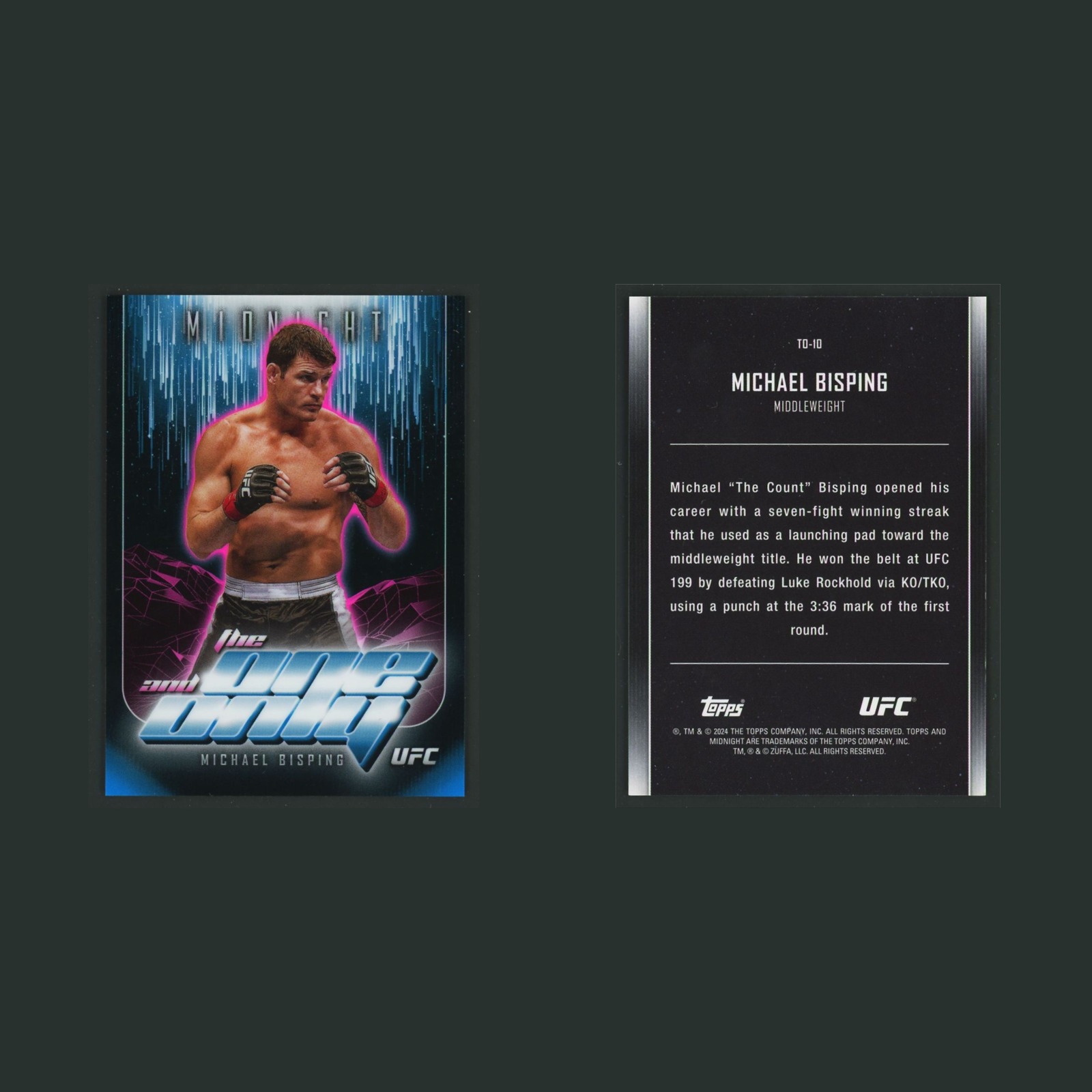 Michael Bisping #TO-10 2024 Topps Midnight UFC The One And Only MMA Card front and back scans. Card condition is Near Mint.