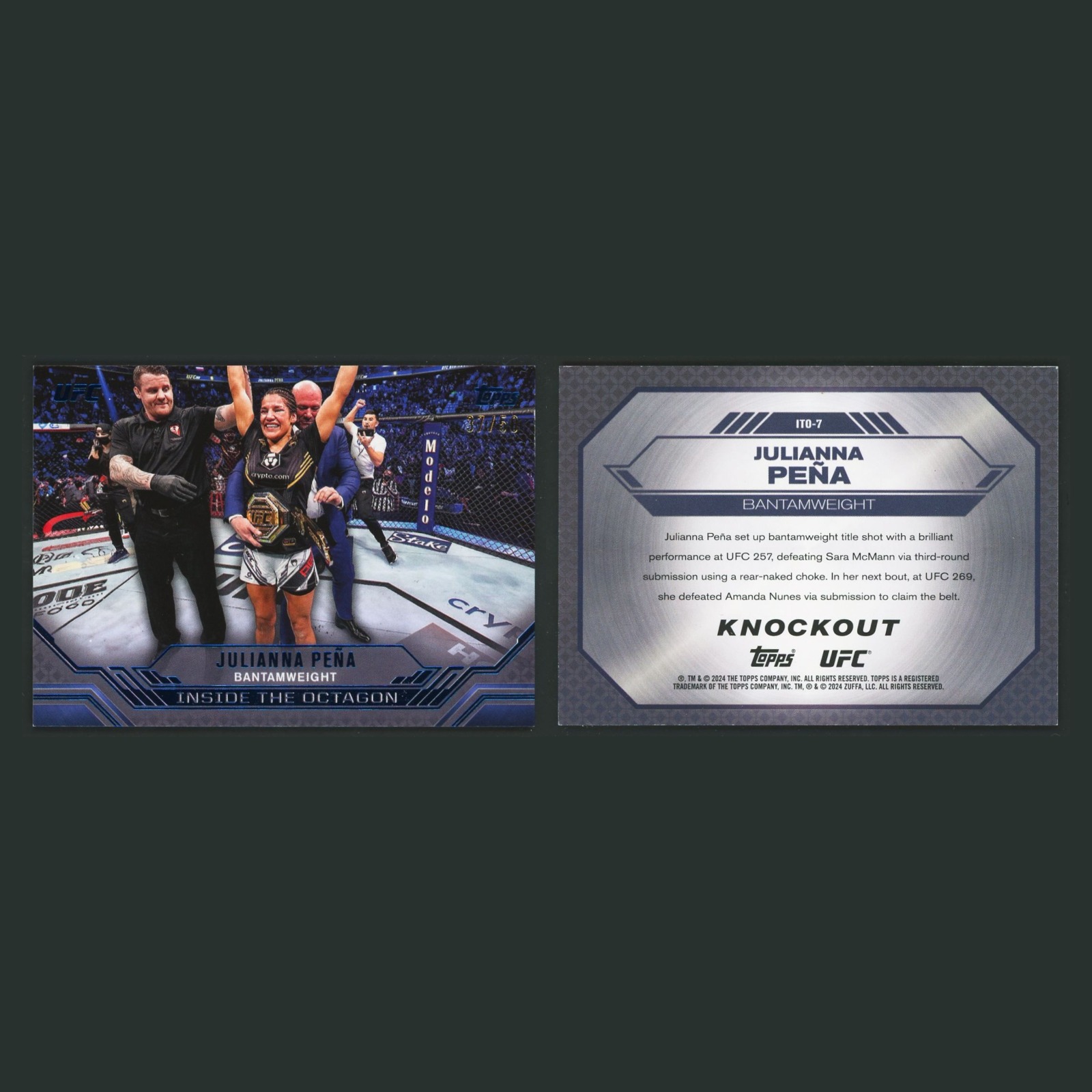 Julianna Pena /50 #7 2024 Topps UFC Knockout Inside the Octagon Blue MMA Card front and back scans. Card condition is Near Mint.