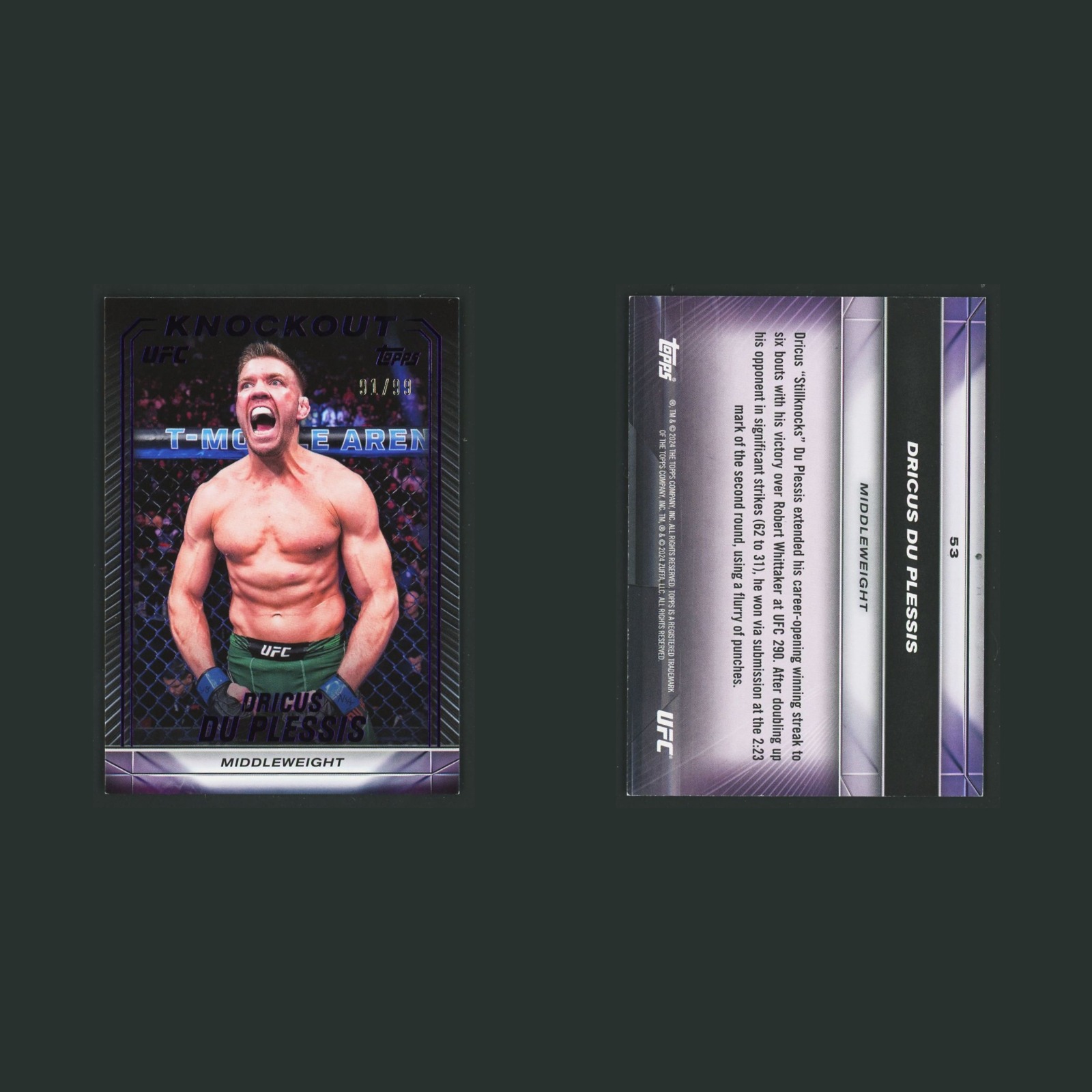 Driscus Du Plessis /99 #53 2023 Topps Knockout UFC Purple MMA Card front and back scans. Card condition is Near Mint.