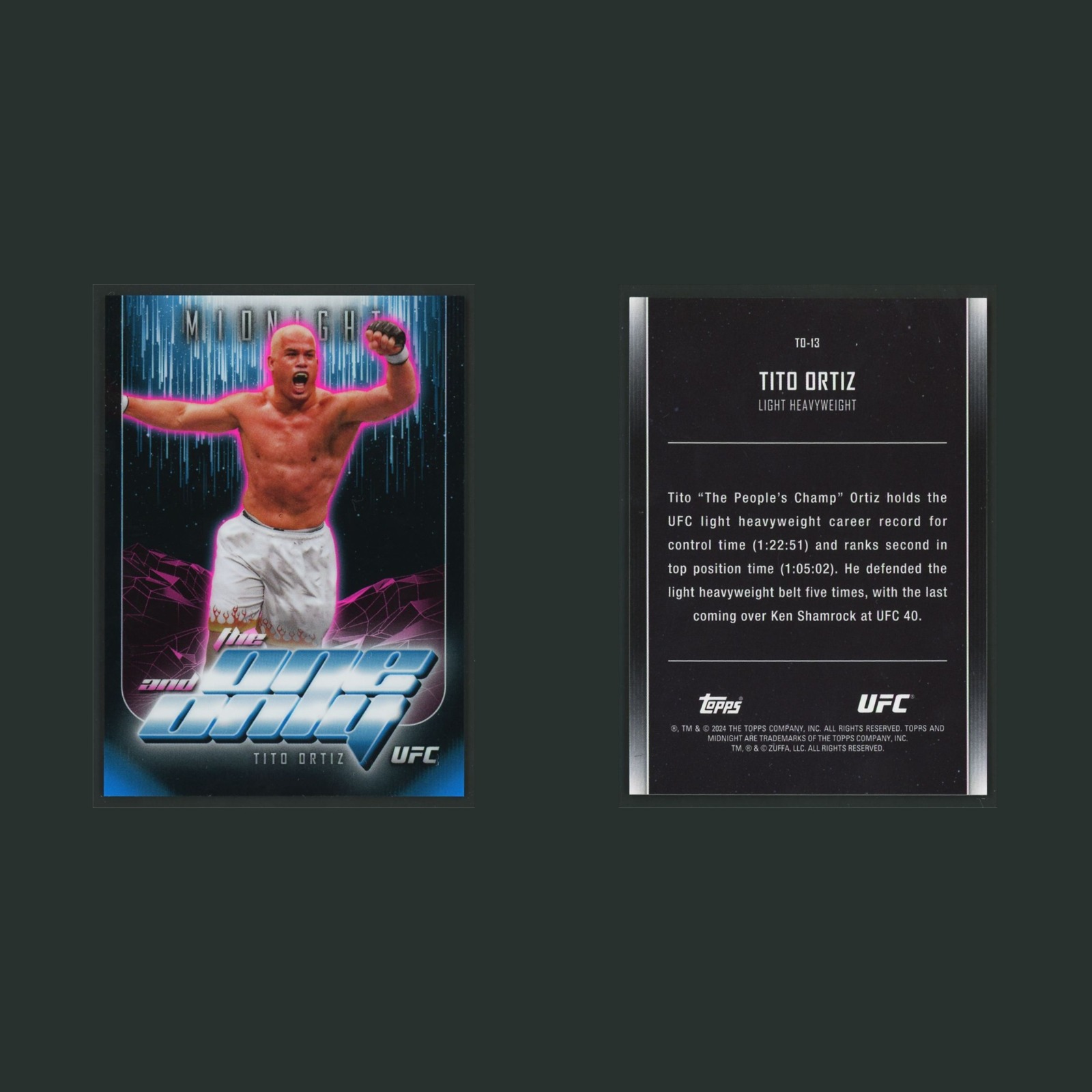 Tito Ortiz #TO-13 2024 Topps Midnight UFC The One And Only MMA Card front and back scans. Card condition is Near Mint.