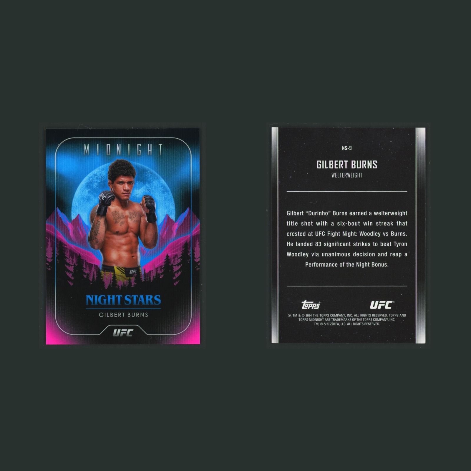 Gilbert Burns #NS-9 2024 Topps Midnight UFC Night Stars MMA Card front and back scans. Card condition is Near Mint.
