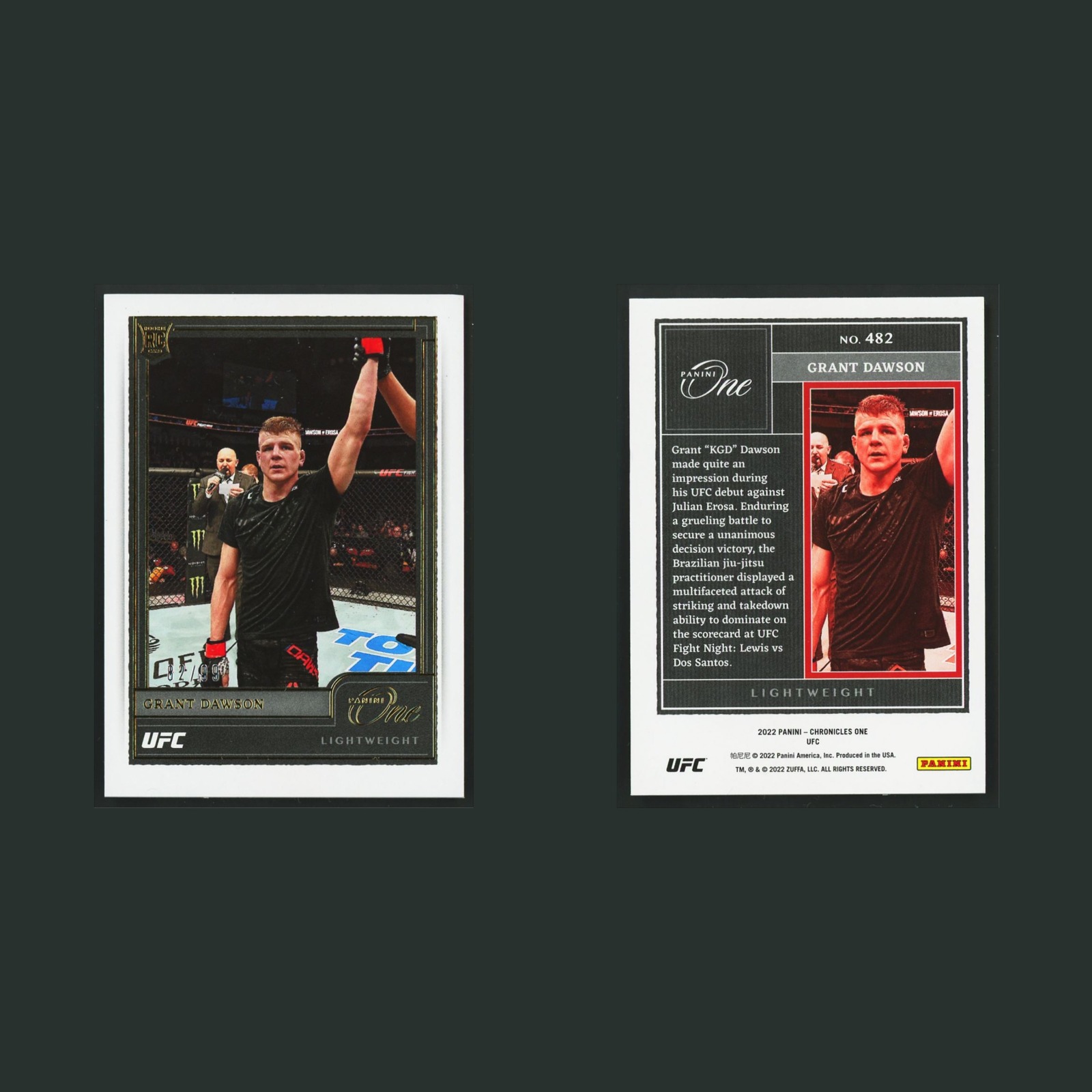 Grant Dawson Rookie /99 #482 2022 Panini Chronicles One UFC MMA Card front and back scans. Card condition is Near Mint.