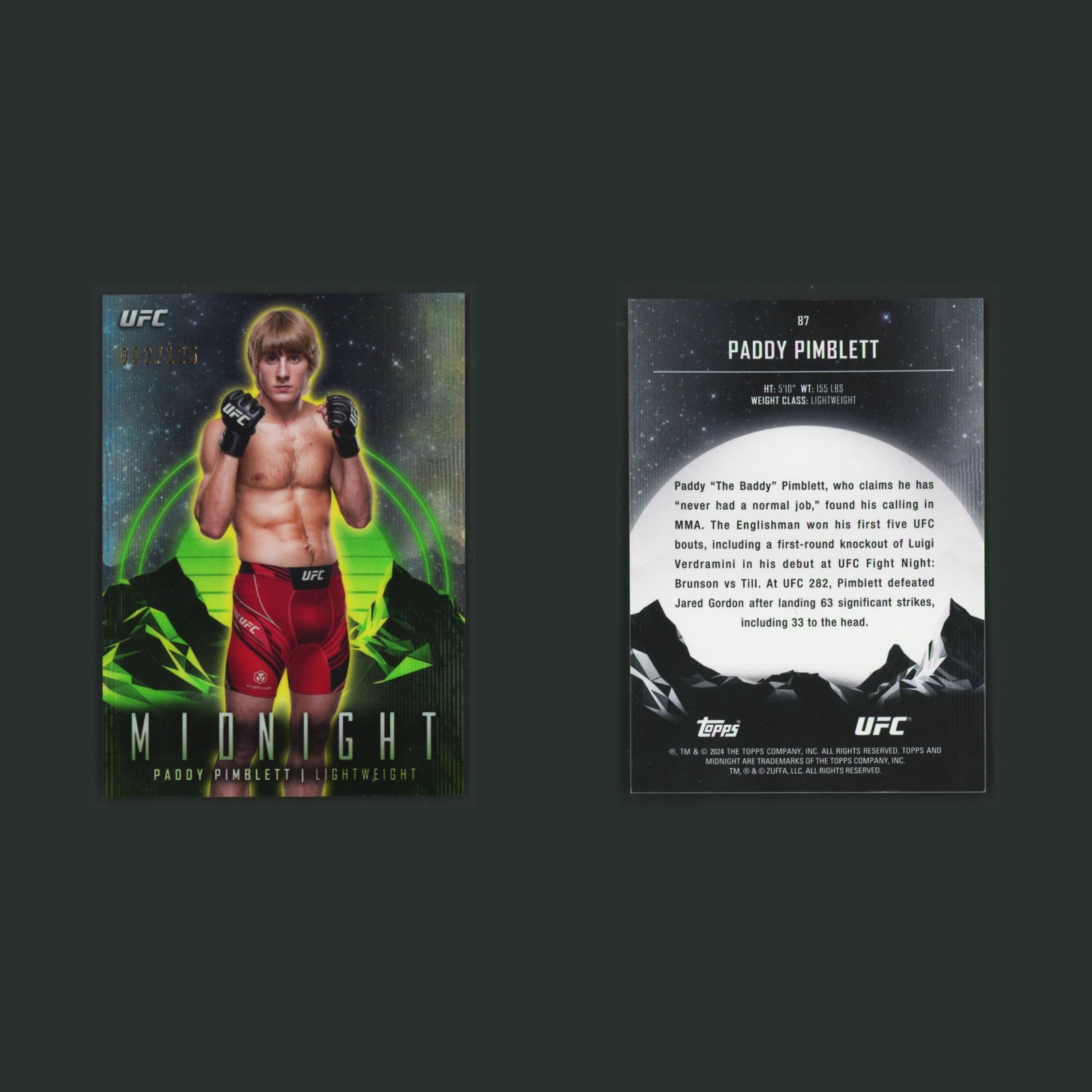 Paddy Pimblett /125 #87 2024 Topps Chrome UFC Midnight MMA Card front and back scans. Card condition is Near Mint.