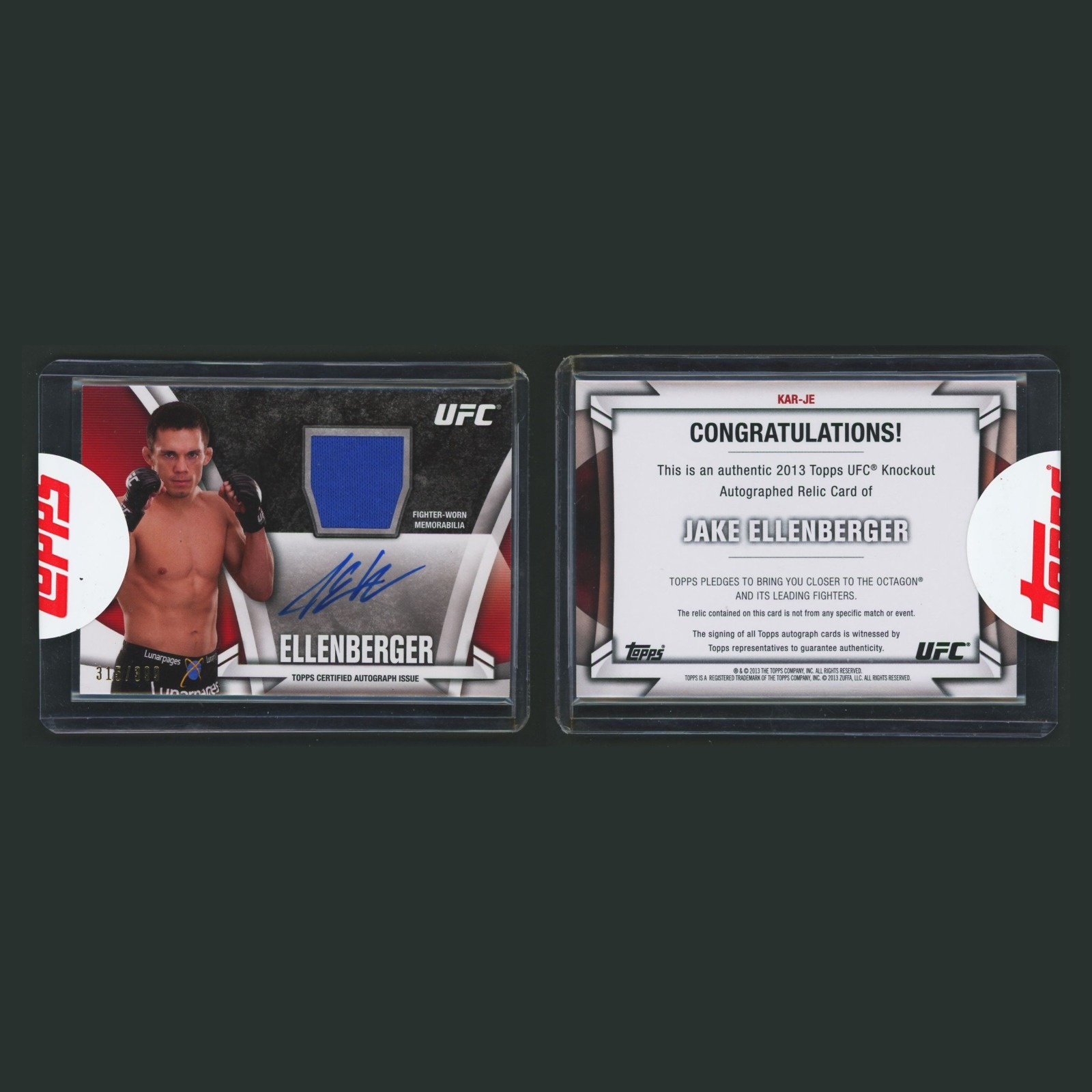 Jake Ellenberger Patch Auto /399 #KAR-JE Autograph 2013 Topps UFC Knockout MMA front and back scans. Card condition is Near Mint.