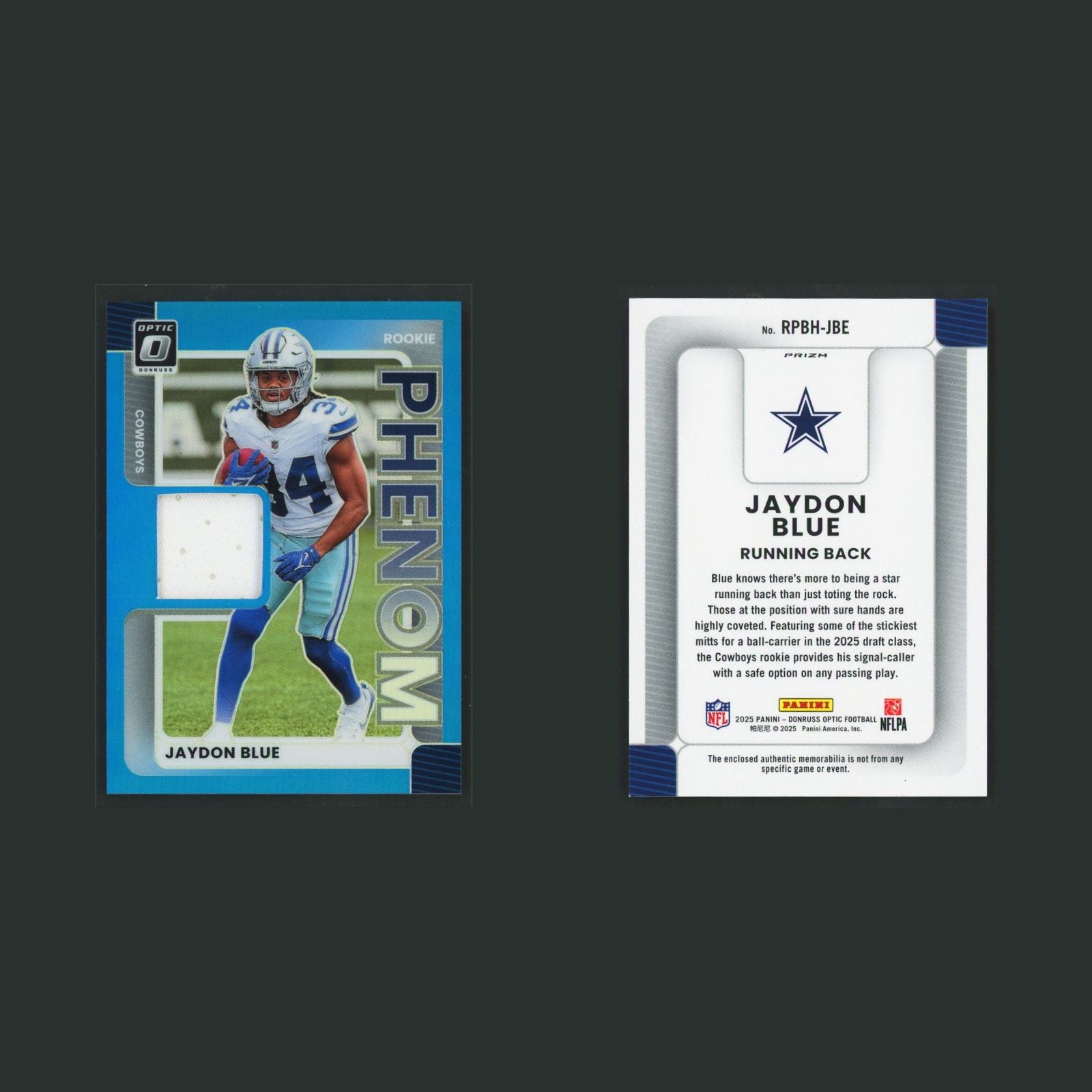 Jaydon Blue Rookie Patch #RPBH-JBE 2025 Donruss Optic Phenom Blue Prizm Cowboys front and back scans. Card condition is Near Mint.