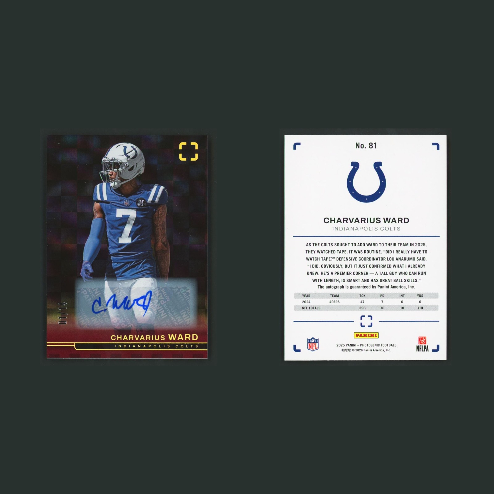 Charvarius Ward Auto /14 #81 Autograph 2025 Panini Photogenic Red Colts Football front and back scans. Card condition is Near Mint.