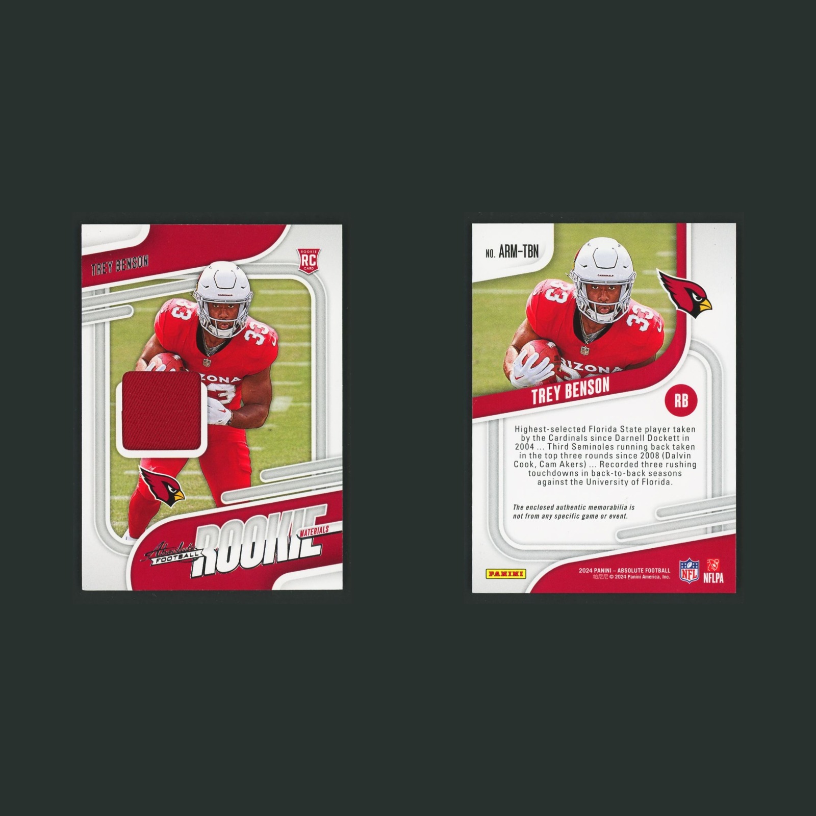 Trey Benson Patch #ARM-TBN 2024 Panini Absolute Rookie Materials Cardinals Card front and back scans. Card condition is Near Mint.