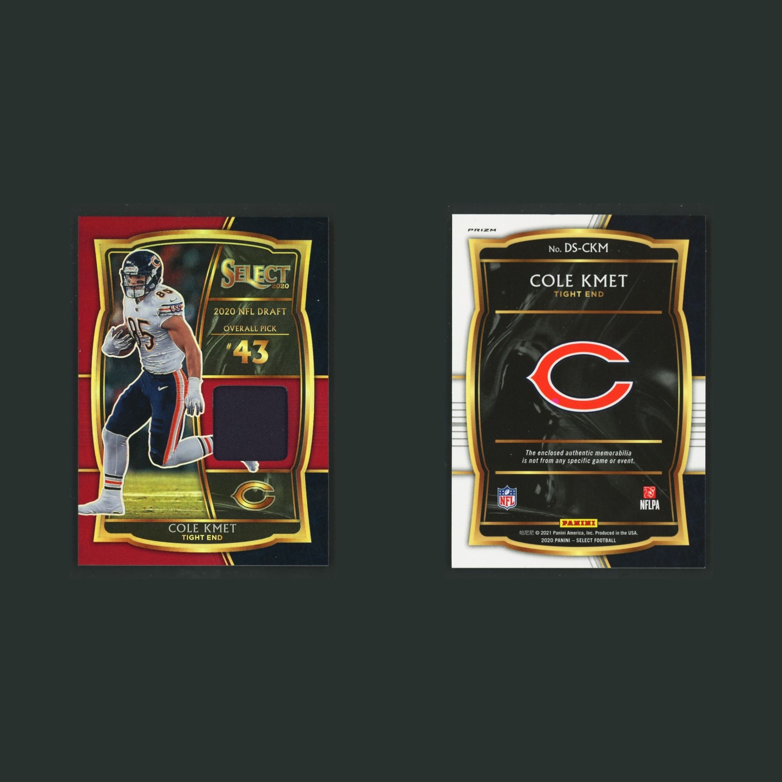 Cole Kmet Patch #DS-CKM 2020 Chicago Bears Football Card NFL front and back scans. Card condition is Near Mint.