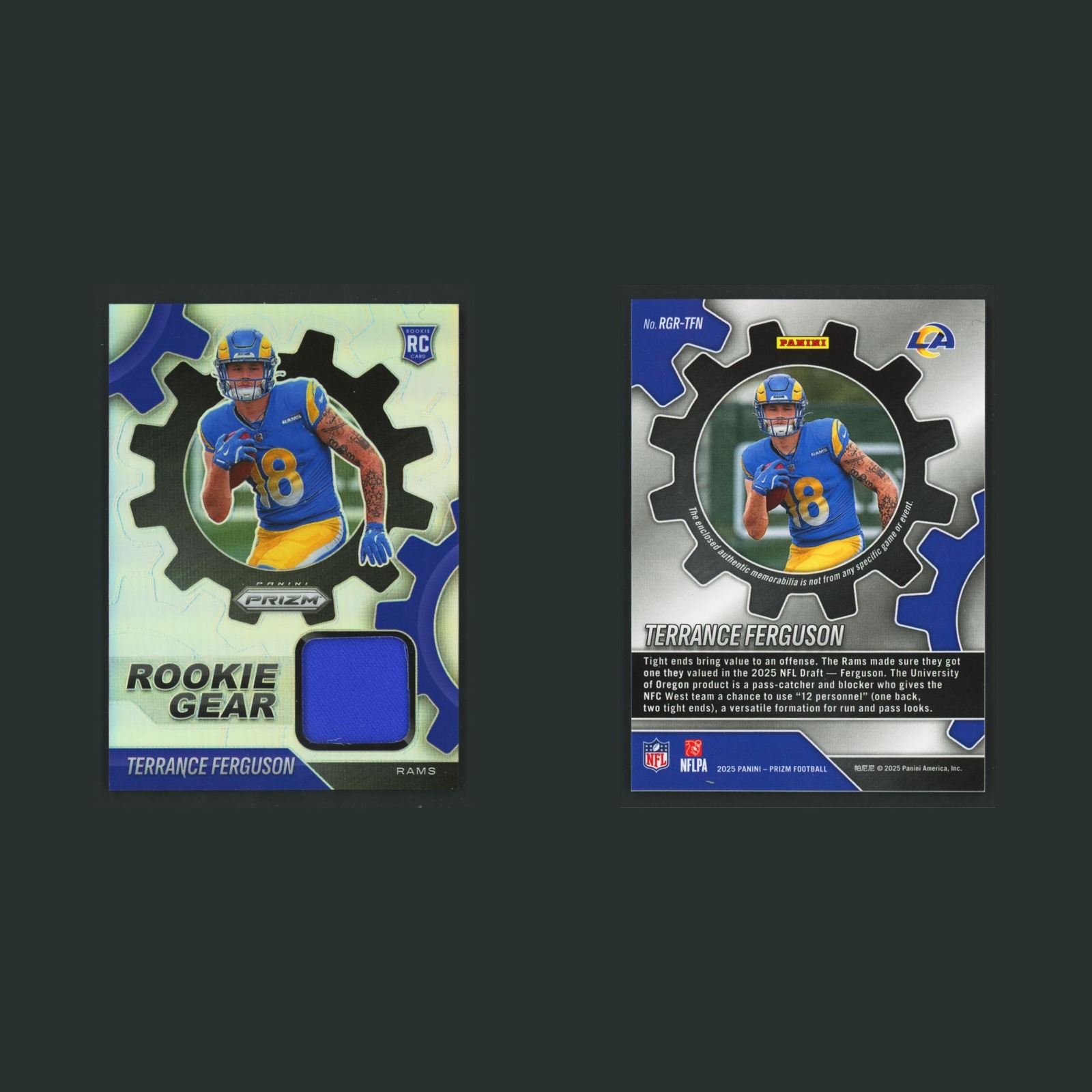 Terrance Ferguson Rookie Patch #RGR-TFN 2025 Panini Prizm Rookie Gear Silver NFL front and back scans. Card condition is Near Mint.
