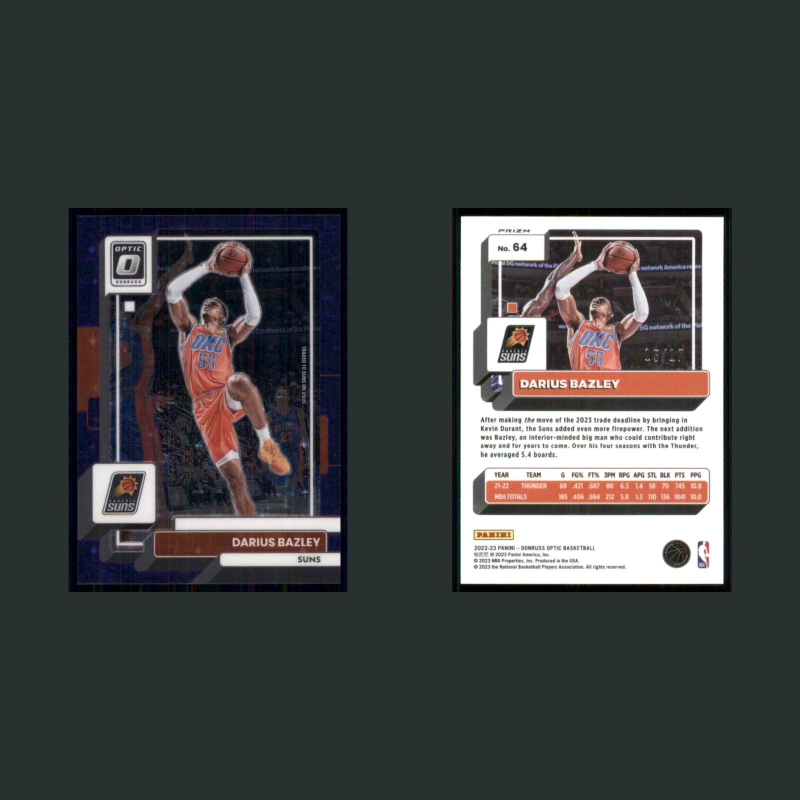 Darius Bazley /17 #64 2022-23 Donruss Optic Purple Stars Prizm Phoenix Suns Card front and back scans. Card condition is Near Mint.