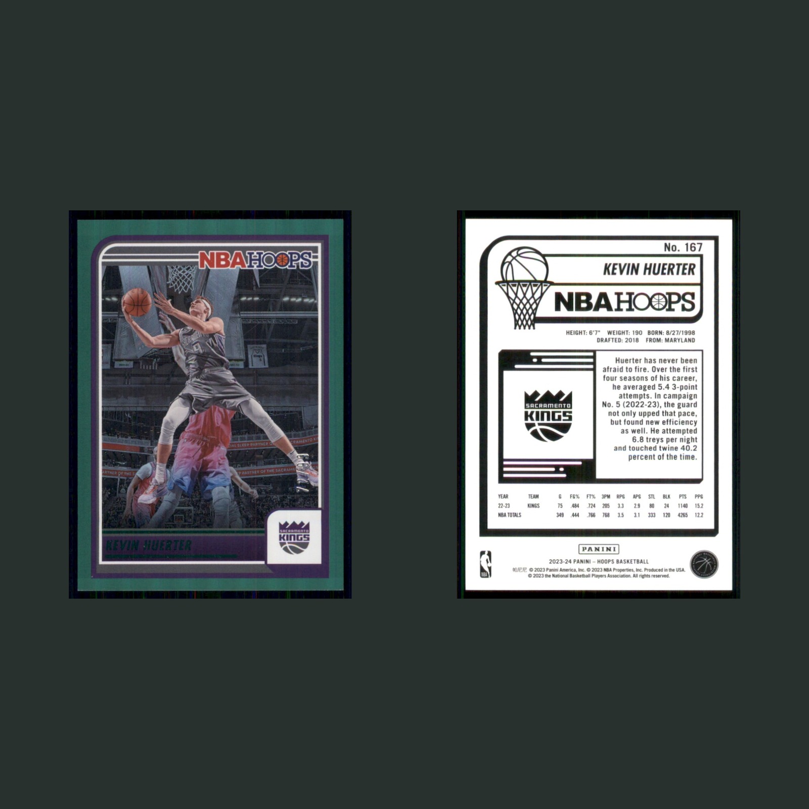 Kevin Huerter /99 #167 2023-24 Hoops Green Sacramento Kings Basketball Card NBA front and back scans. Card condition is Near Mint.
