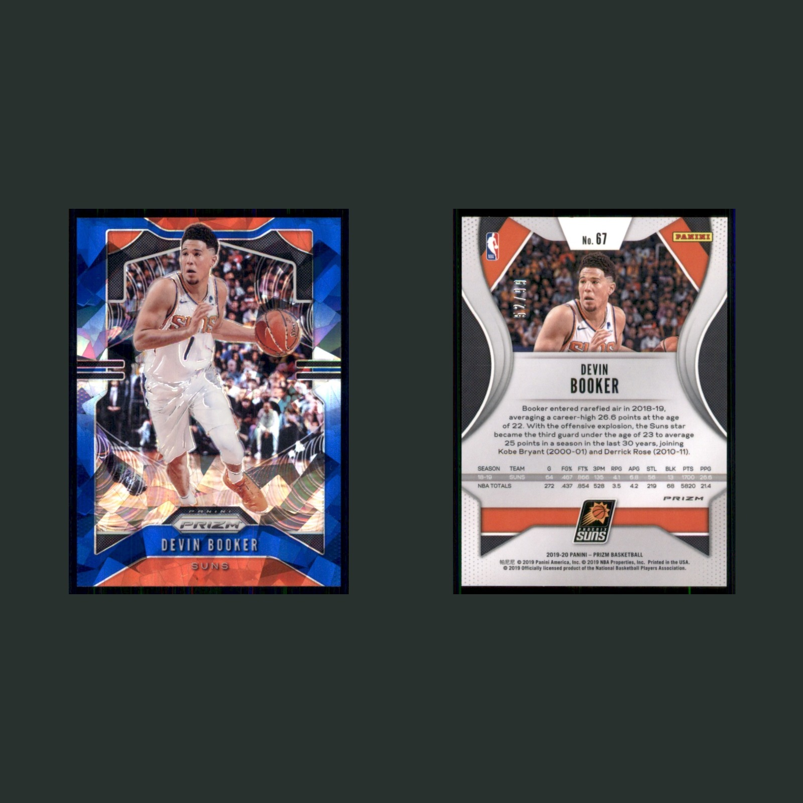 Devin Booker /99 #67 2019-20 Panini Prizm Prizms Blue Ice Phoenix Suns Card NBA front and back scans. Card condition is Near Mint.