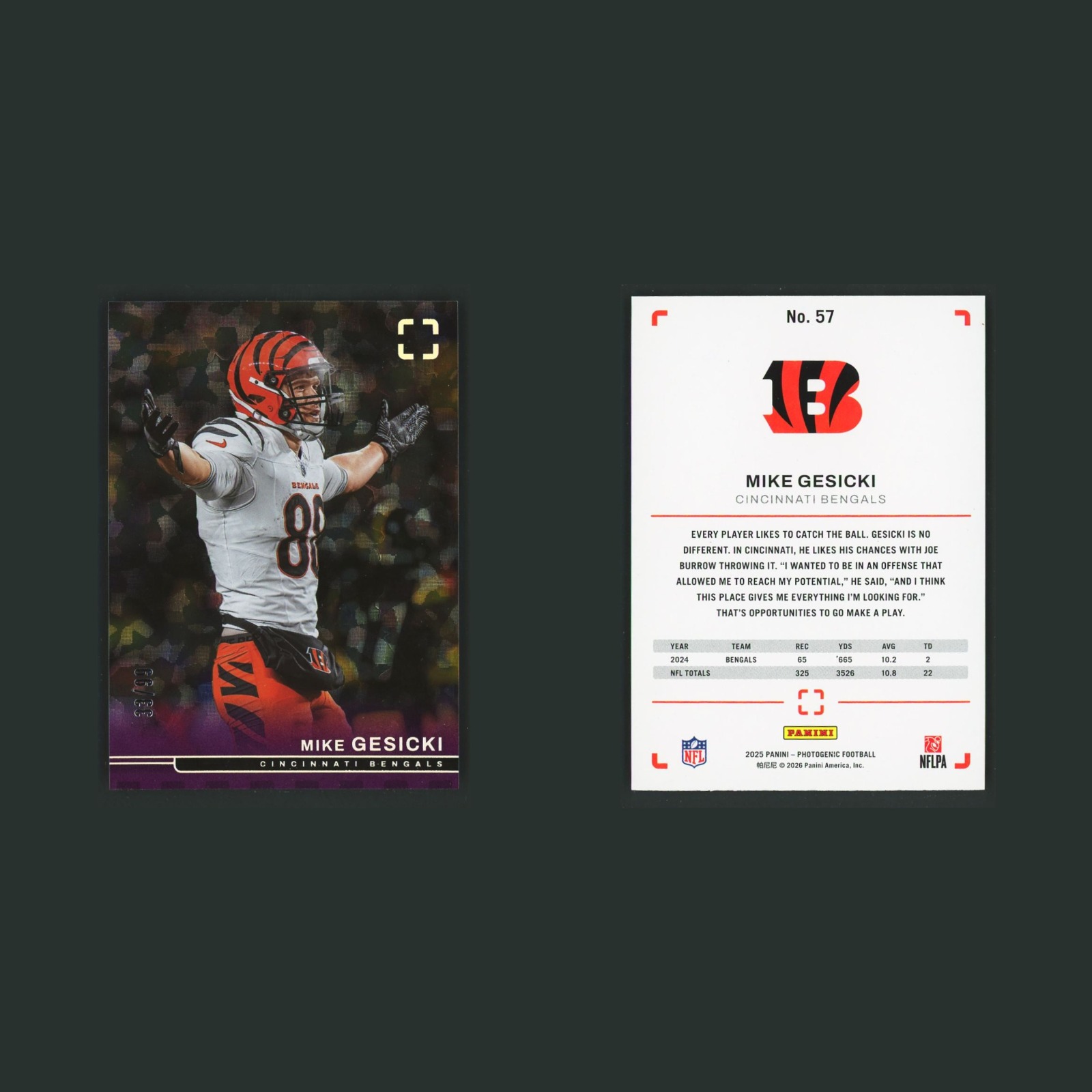 Mike Gesicki /99 #57 2025 Panini Photogenic Purple Cincinnati Bengals Football front and back scans. Card condition is Near Mint.