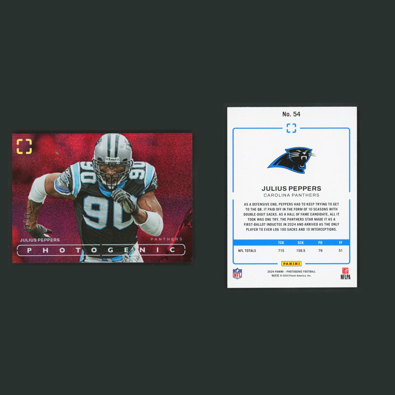 Julius Peppers /49 #54 2024 Panini Photogenic Red Carolina Panthers Football NFL front and back scans. Card condition is Near Mint.