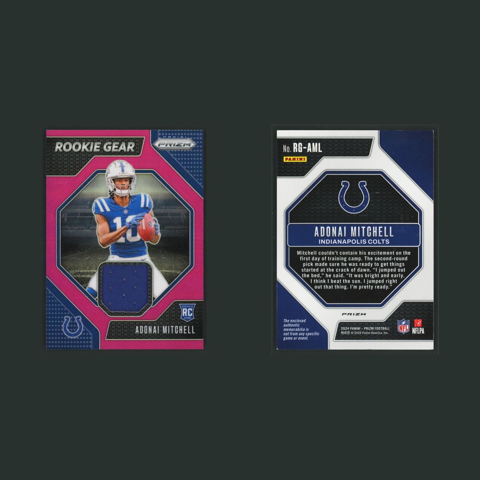 Adonai Mitchell Rookie Patch #RG-AML 2024 Panini Prizm Rookie Gear Pink Colts front and back scans. Card condition is Near Mint.
