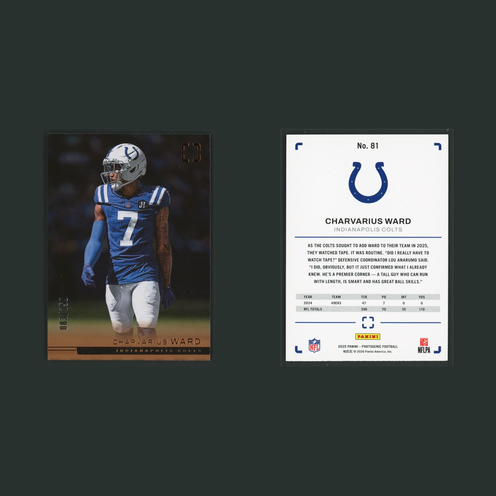 Charvarius Ward /150 #81 2025 Panini Photogenic Bronze Indianapolis Colts Card front and back scans. Card condition is Near Mint.