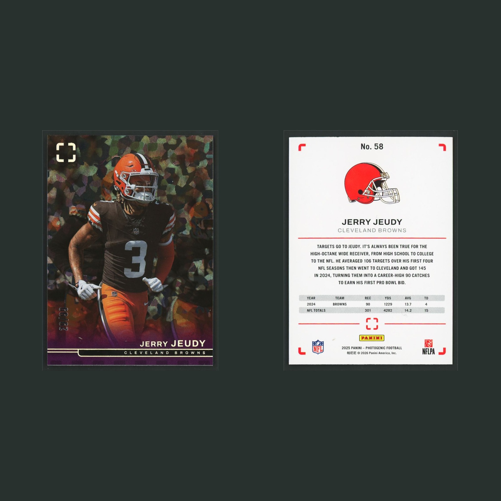 Jerry Jeudy /99 #58 2025 Panini Photogenic Purple Cleveland Browns Football Card front and back scans. Card condition is Near Mint.