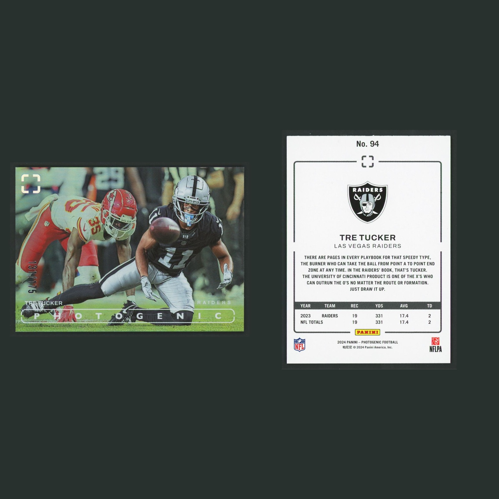 Tre Tucker /175 #94 2024 Panini Photogenic Silver Las Vegas Raiders Football NFL front and back scans. Card condition is Near Mint.