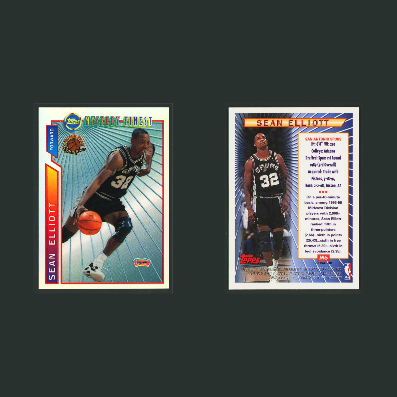 Sean Elliott #M6 1996-97 Topps Mystery Finest Refractor San Antonio Spurs Card front and back scans. Card condition is Near Mint.