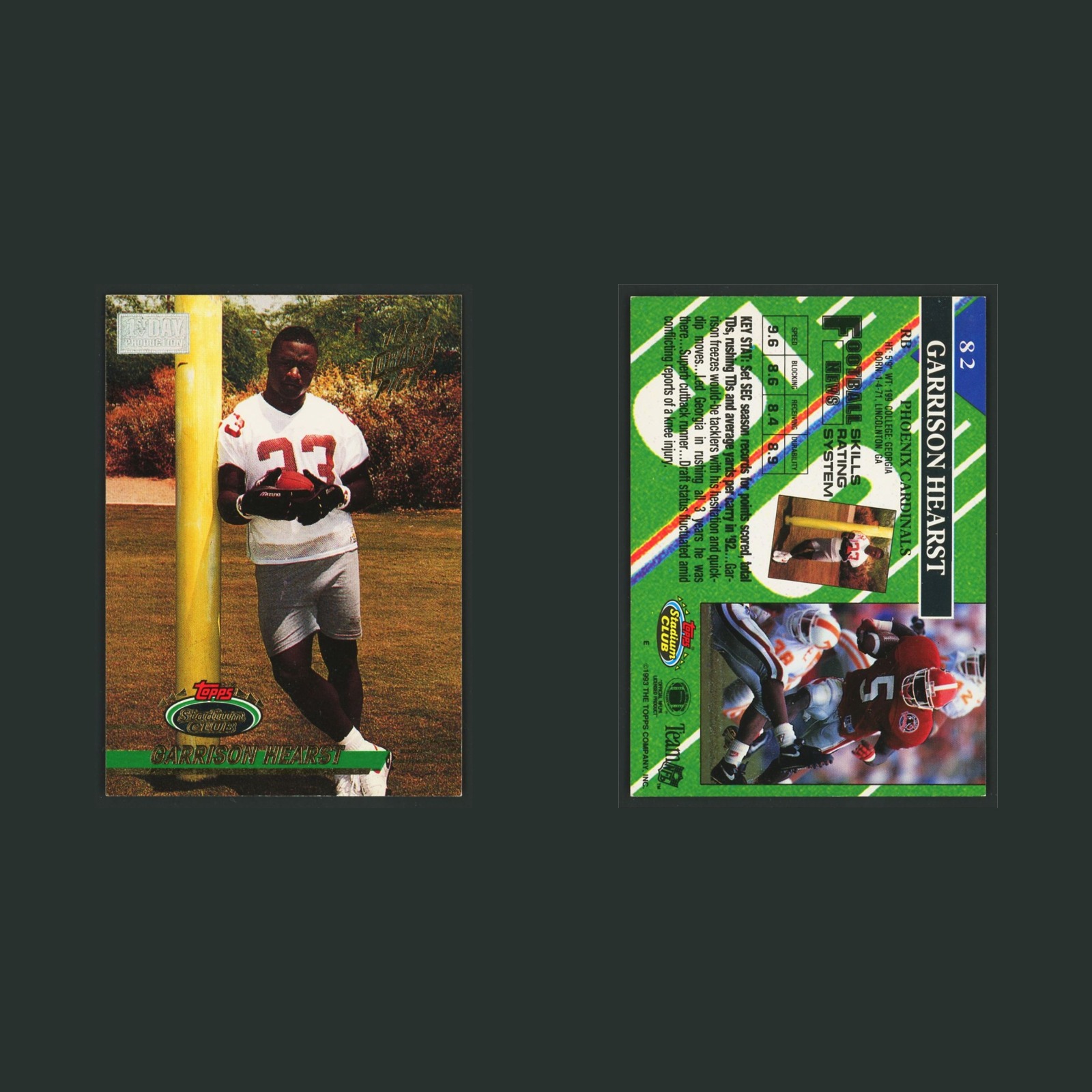 Garrison Hearst Rookie #82 1993 Stadium Club 1st Day issue Phoenix Cardinals NFL front and back scans. Card condition is Excellent.