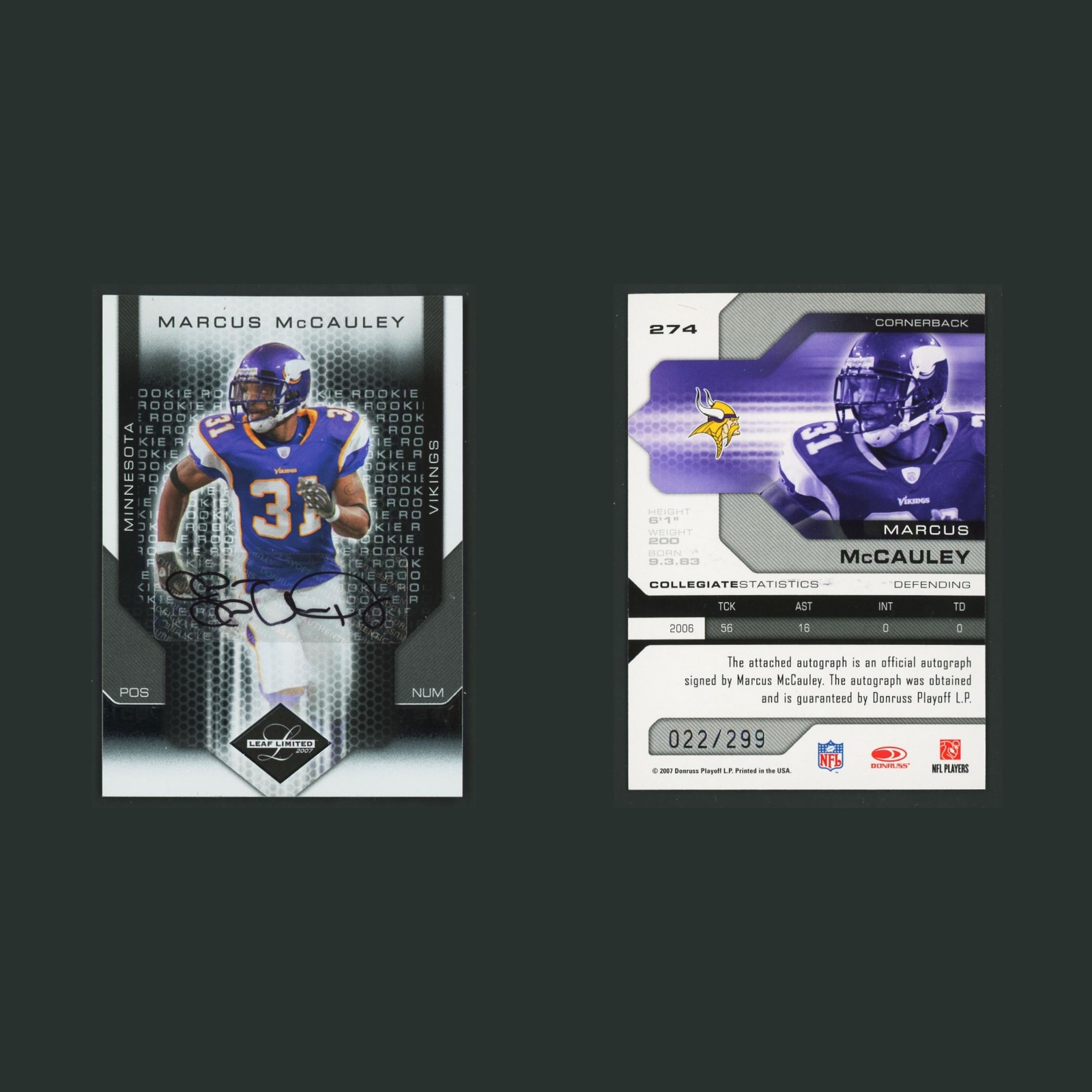 Marcus McCauley Rookie /299 #274 Autograph 2007 Leaf Limited Minnesota Vikings front and back scans. Card condition is Near Mint.