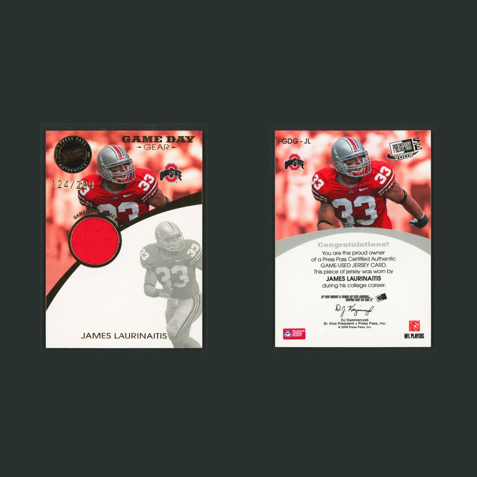 James Laurinaitis Patch /299 #GDG-JL 2009 Press Pass Game Day Gear Football Card front and back scans. Card condition is Near Mint.