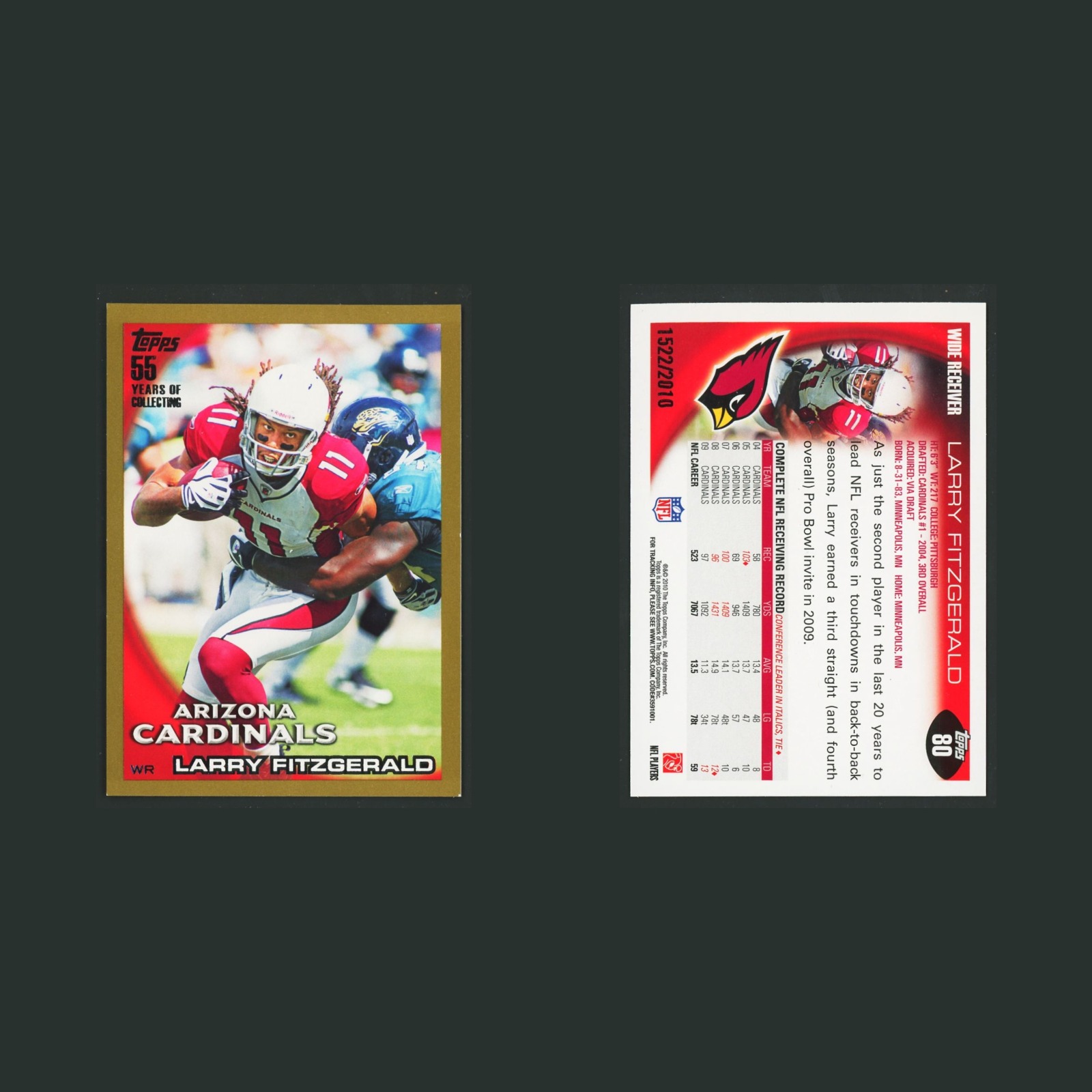 Larry Fitzgerald /2010 #80 2010 Topps Gold Arizona Cardinals Football Card NFL front and back scans. Card condition is Excellent.