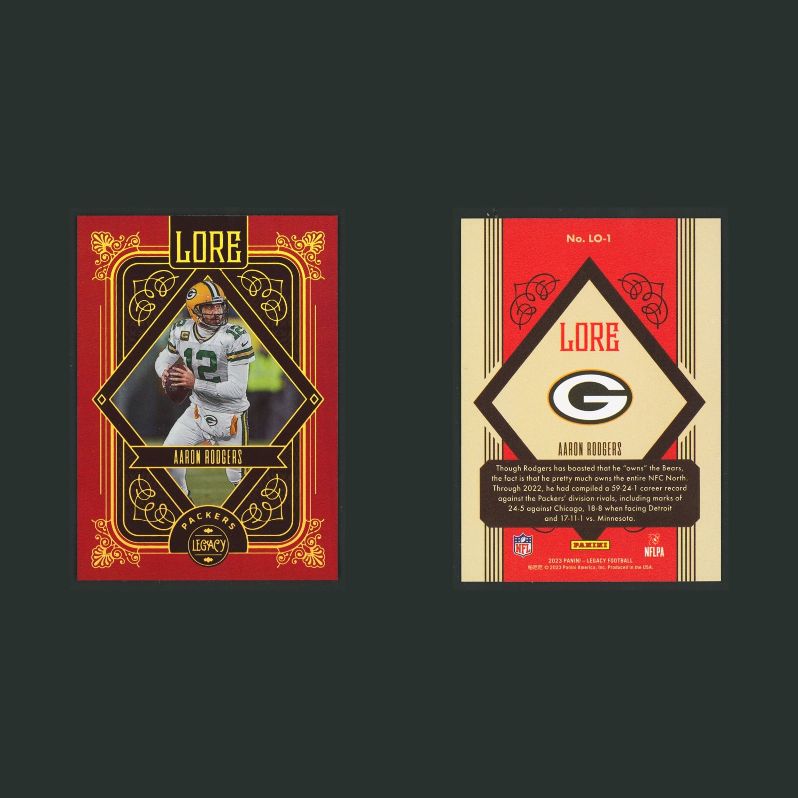 Aaron Rodgers #LO-1 2023 Panini Legacy Lore New York Jets Football Card NFL front and back scans. Card condition is Excellent.