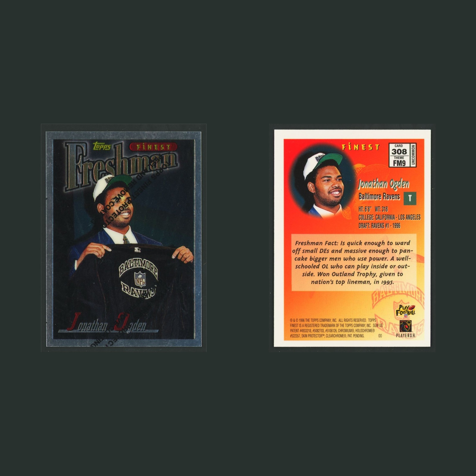 Jonathan Ogden Rookie #308 1996 Finest Baltimore Ravens Football Card NFL front and back scans. Card condition is Near Mint.