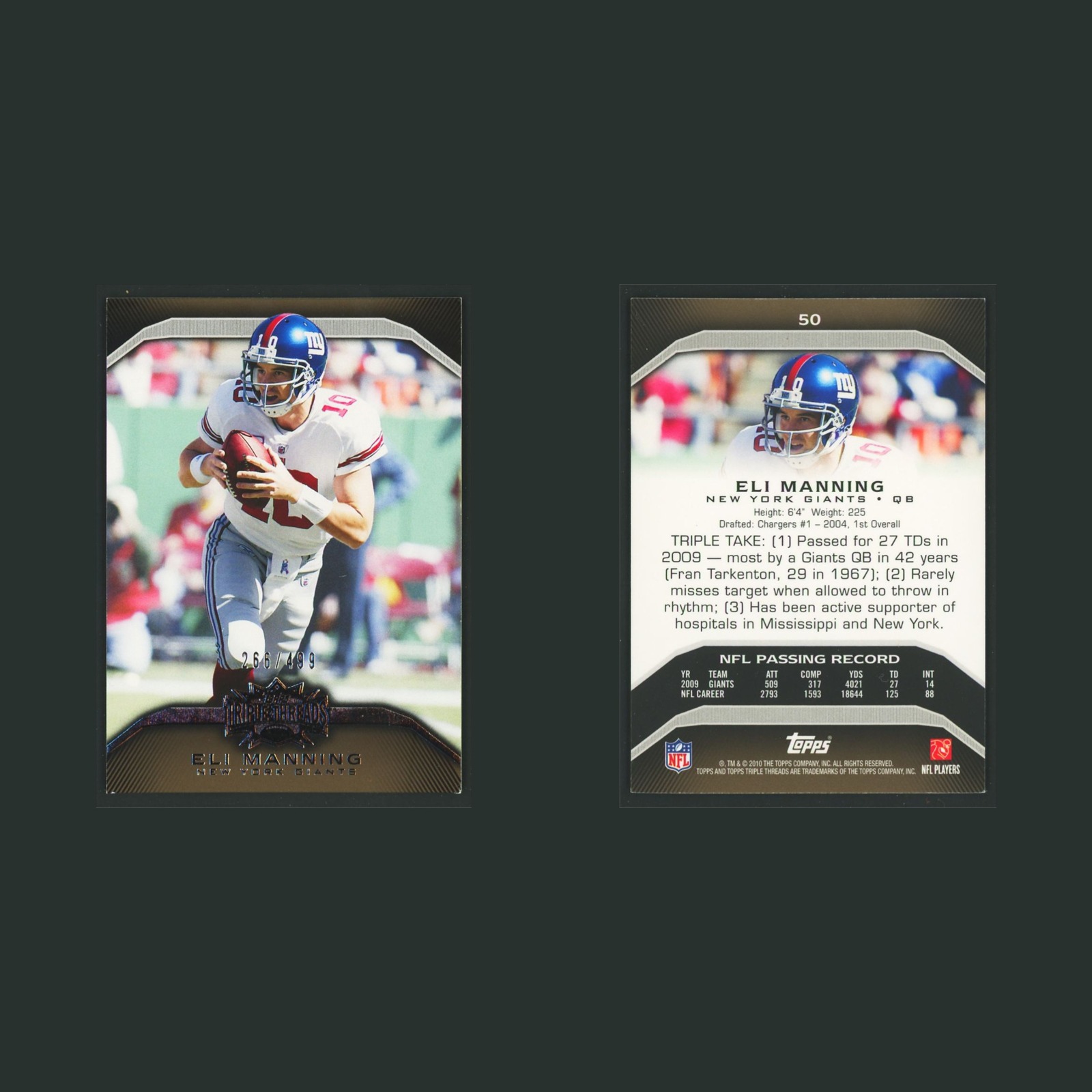 Eli Manning /499 #50 2010 Topps Triple Threads Sepia New York Giants Football front and back scans. Card condition is Excellent.