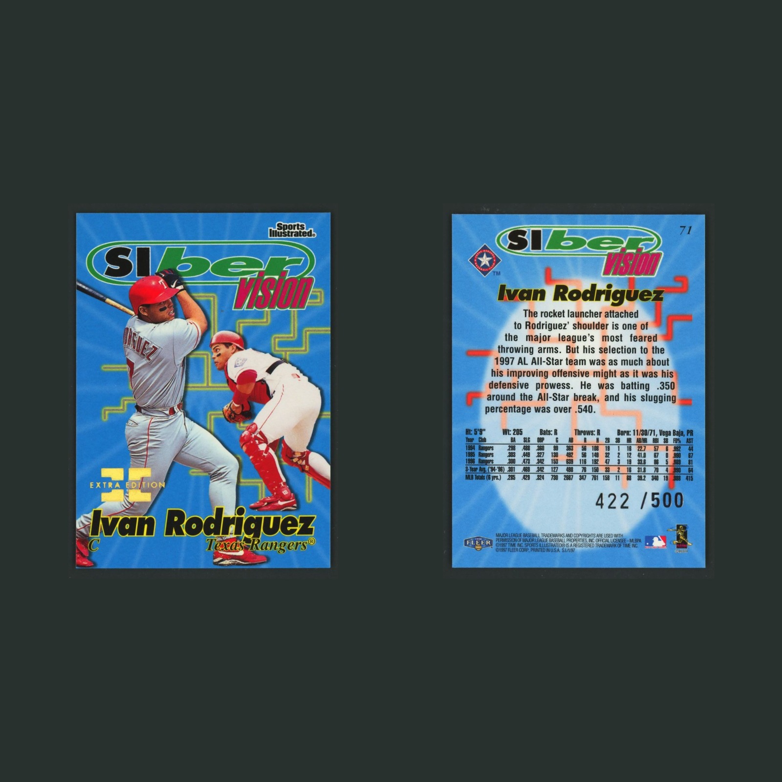 Ivan Rodriguez /500 #71 1997 Sports Illustrated Extra Edition Texas Rangers Card front and back scans. Card condition is Near Mint.