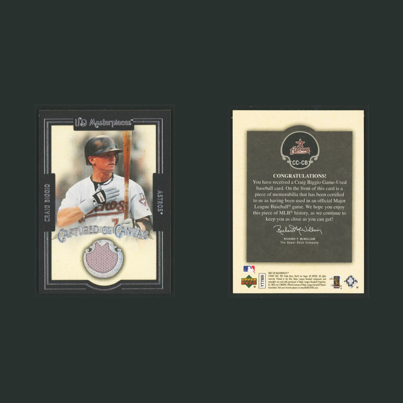Craig Biggio Patch #CC-CB 2007 Upper Deck Masterpieces Captured on Canvas Astros front and back scans. Card condition is Excellent.