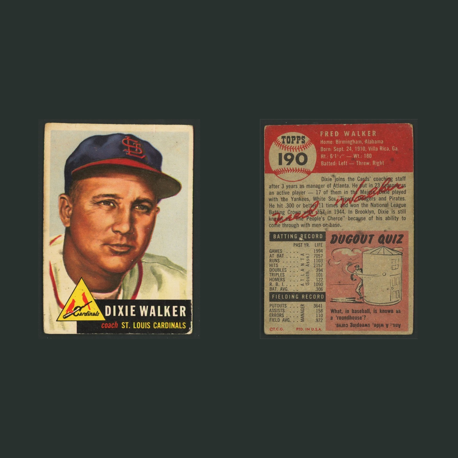 Dixie Walker #190 1953 Topps Detroit Tigers Vintage Baseball Card Set-Break MLB front and back scans. Card condition is Poor.