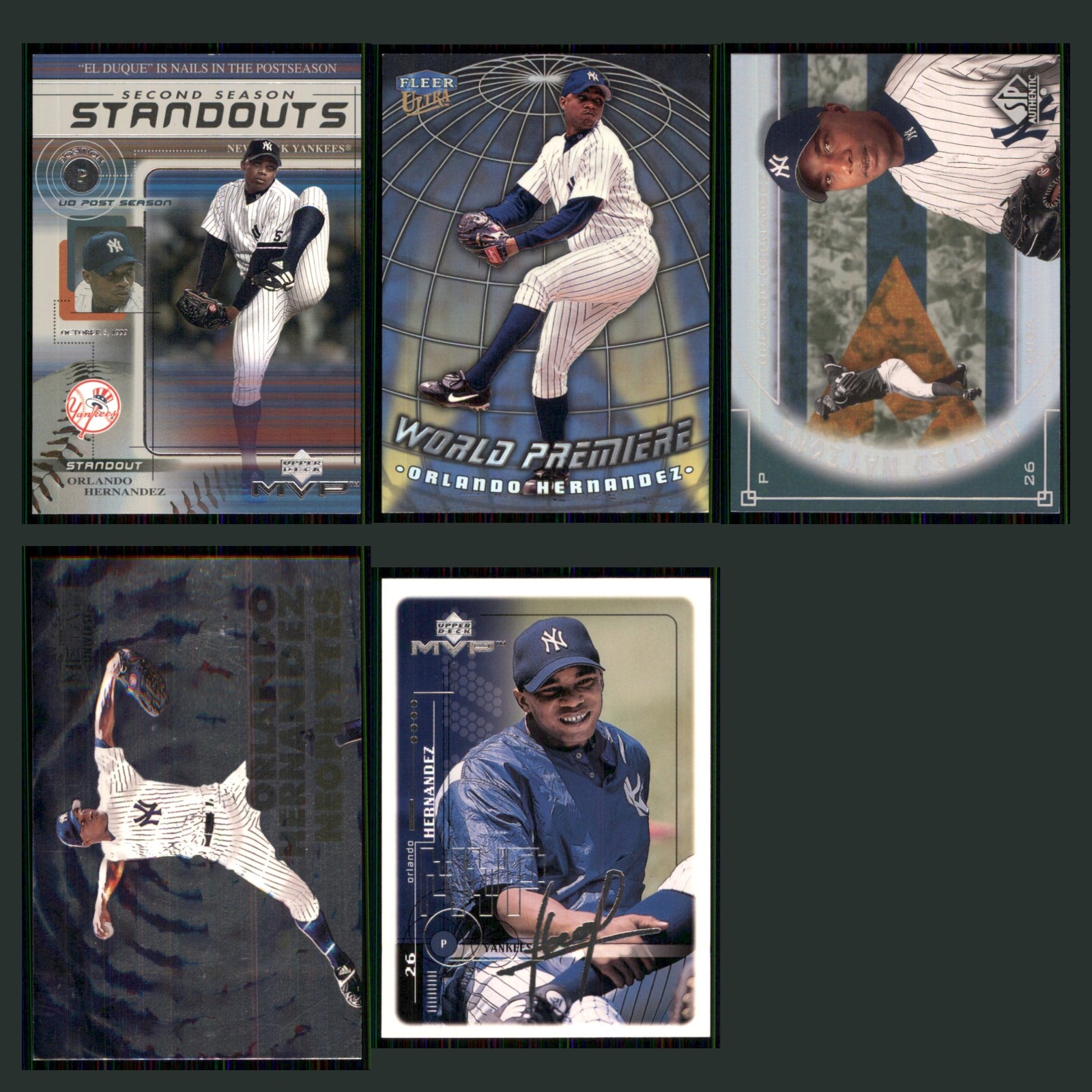 Orlando Hernandez Lot 5 Baseball Cards 2000 New York Yankees Set Collection MLB card scans. Overall card condition is Near Mint.