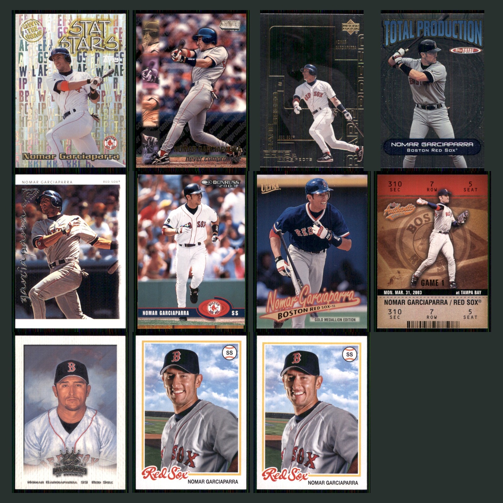 Nomar Garciaparra Lot 11 Baseball Cards 2000 Topps Own the Game Set Collection card scans. Overall card condition is Near Mint.