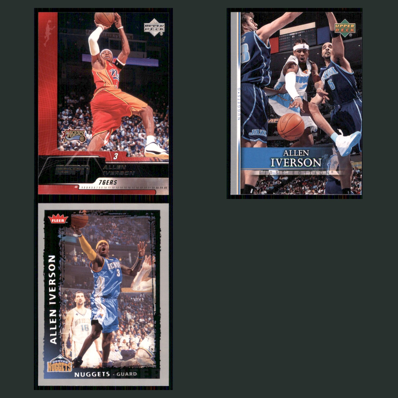Allen Iverson Lot 3 Basketball Cards AI 2004 Upper Deck ESPN Philadelphia 76ers card scans. Overall card condition is Near Mint.