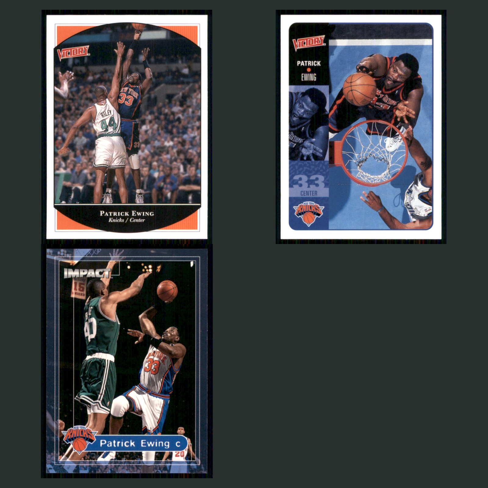 Patrick Ewing Lot 3 Basketball Cards 1999 Topps Victory New York Knicks Set NBA card scans. Overall card condition is Near Mint.