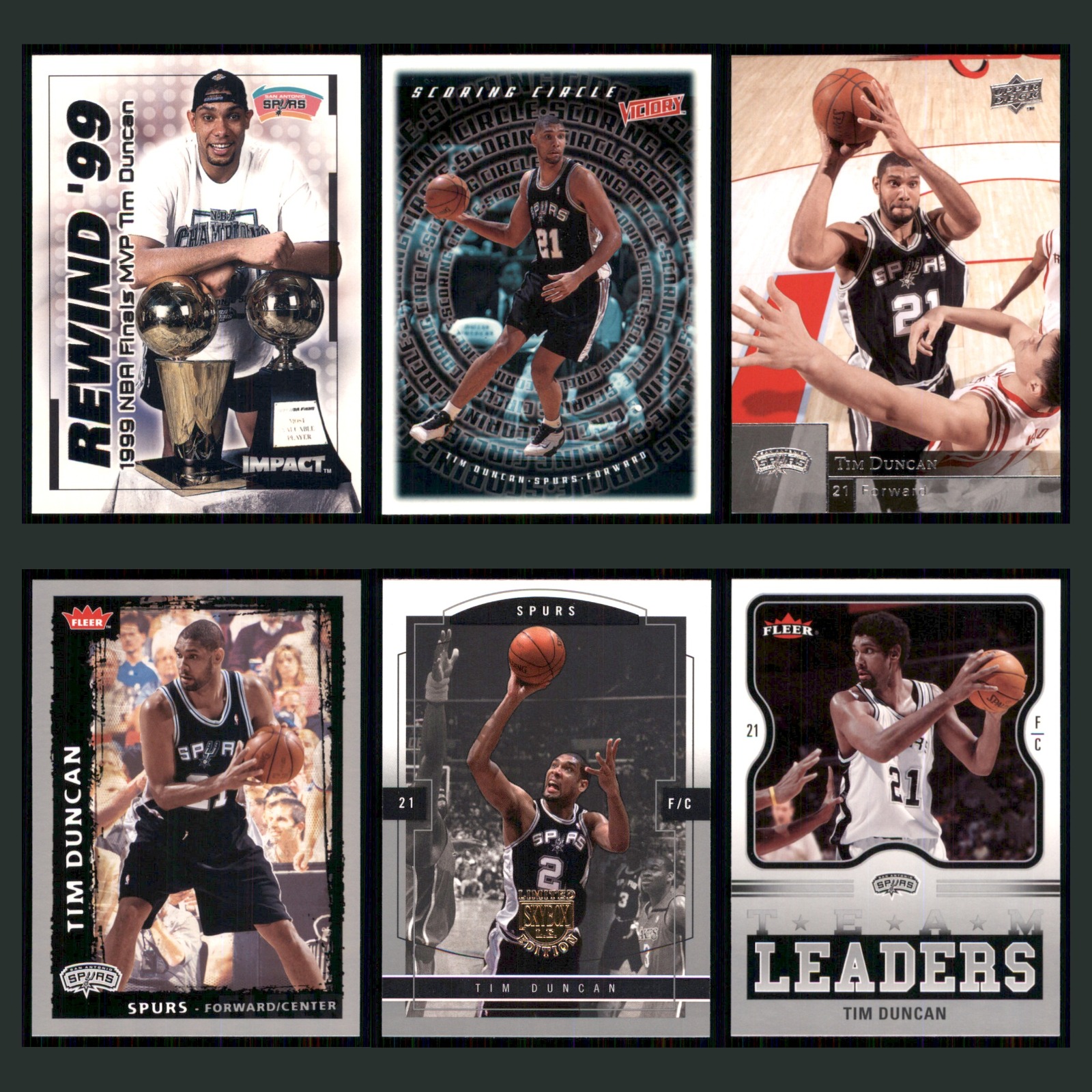 Tim Duncan Lot 6 Basketball Cards 1999 Fleer SkyBox Impact Rewind '99 Spurs Set card scans. Overall card condition is Near Mint.