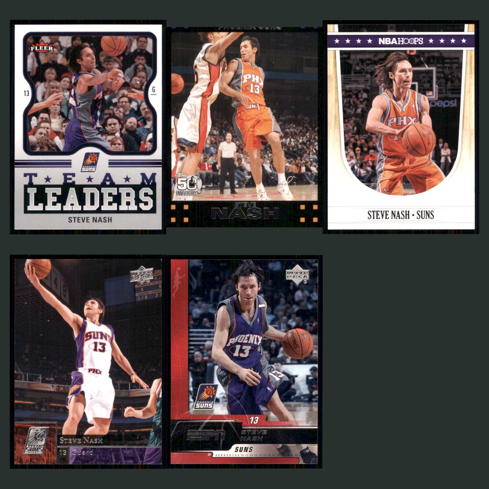 Steve Nash Lot 5 Basketball Cards 2006 Fleer Team Leaders Phoenix Suns Set NBA card scans. Overall card condition is Near Mint.