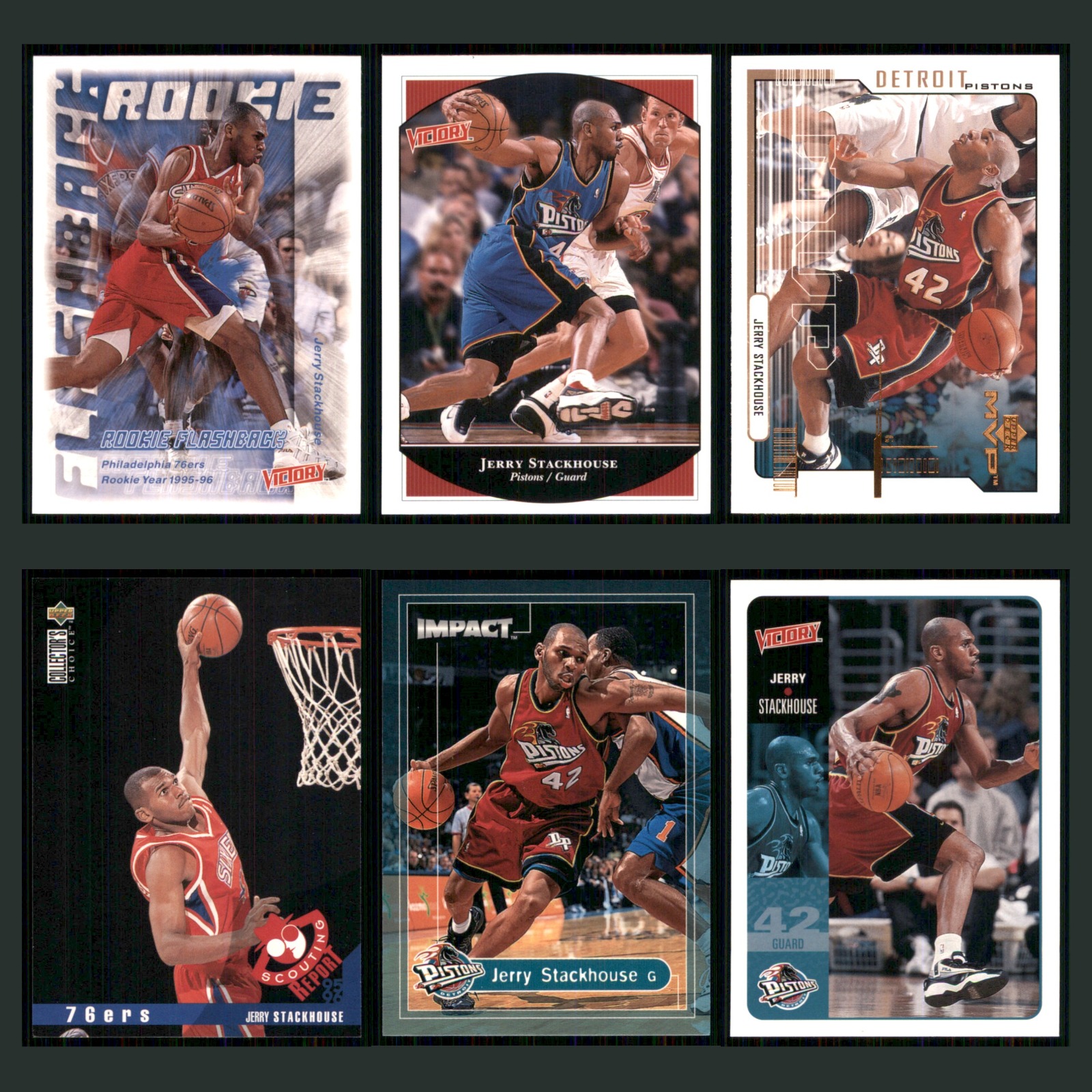 Jerry Stackhouse Lot 6 Basketball Cards 1999 Upper Deck Rookie Flashback 76ers card scans. Overall card condition is Near Mint.