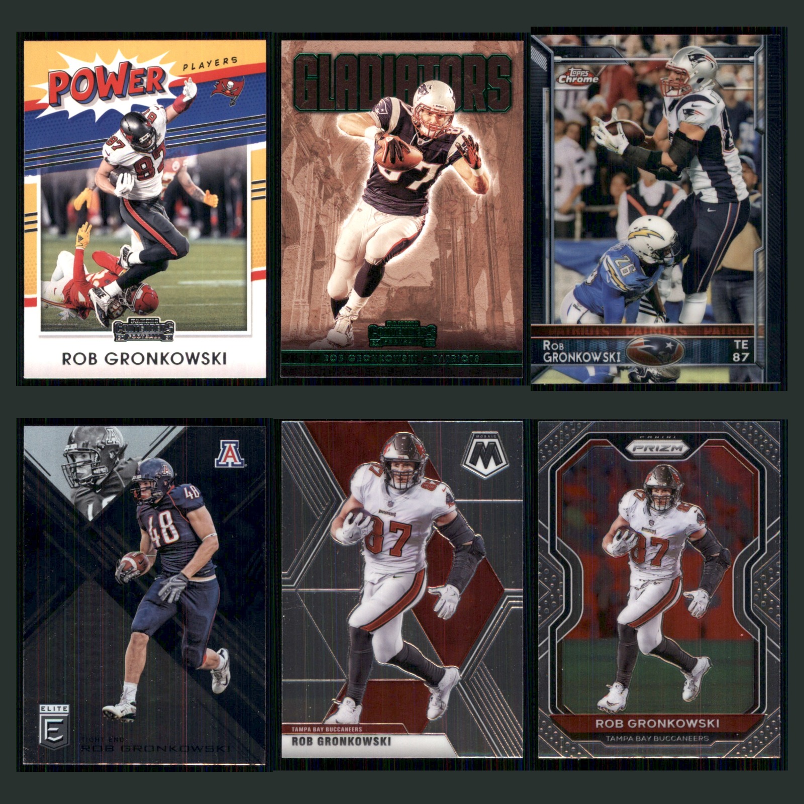 Rob Gronkowski Lot 6 Football Cards 2021 Panini Contenders Power Player Set NFL card scans. Overall card condition is Near Mint.
