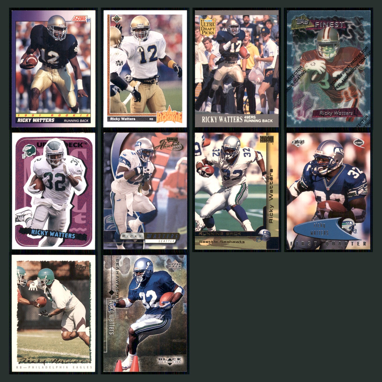 Ricky Watters Rookie Lot 10 Football Cards 1991 Score 91 Running Back Set NFL NM card scans. Overall card condition is Near Mint.