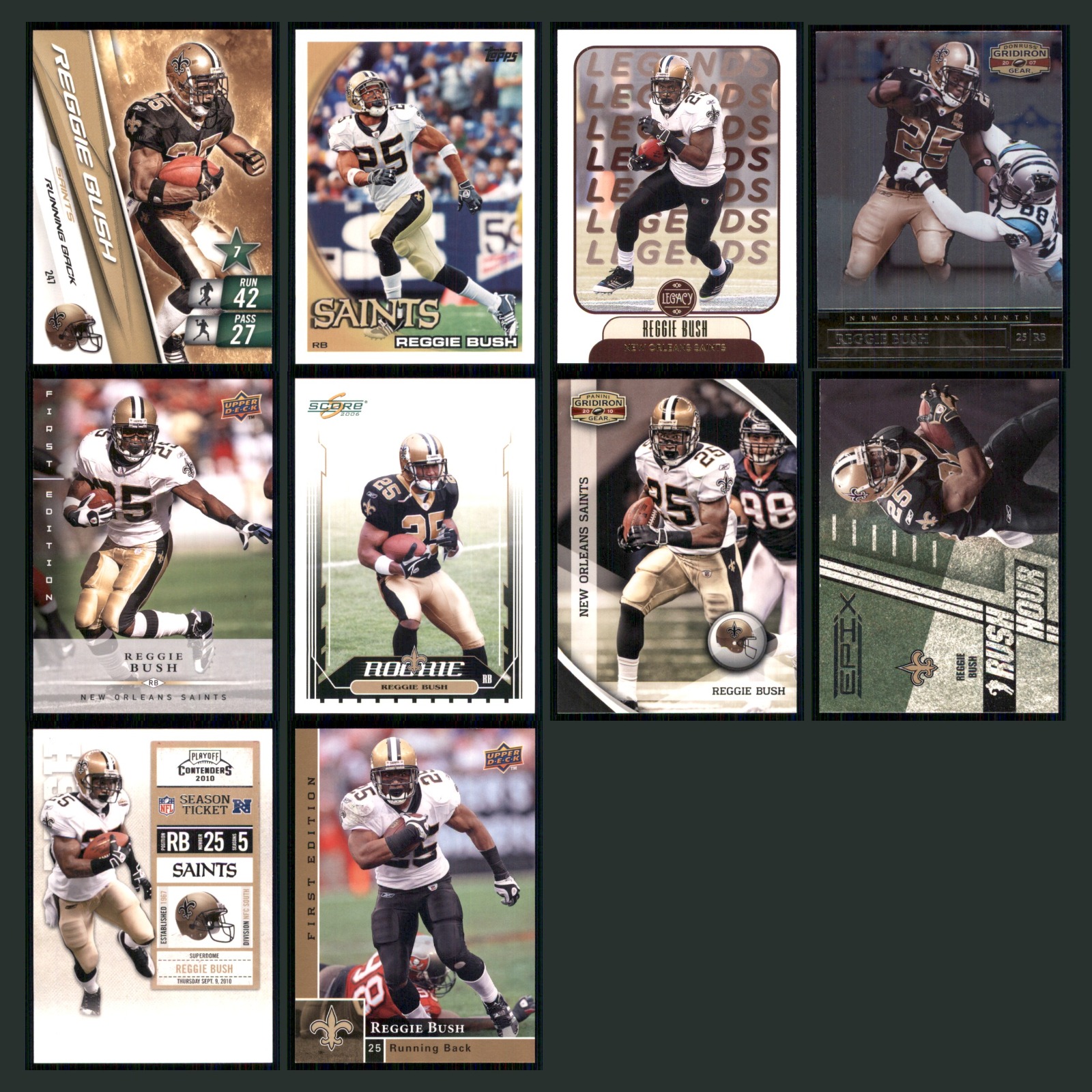 Reggie Bush Lot 10 Football Cards 2019 Panini Adrenalyn XL New Orleans Saints NM card scans. Overall card condition is Near Mint.