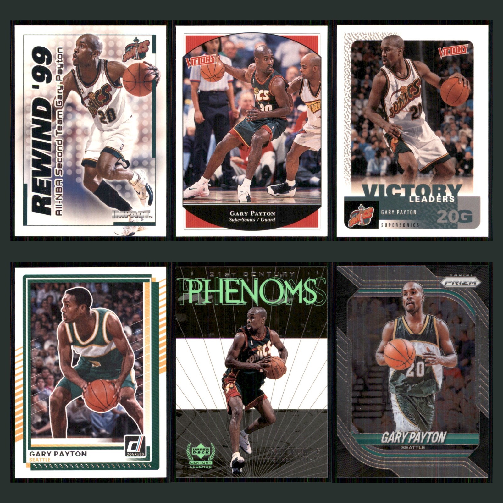 Gary Payton Lot 6 Basketball Cards 1999 Skybox Impact Rewind '99 Sonics Set NBA card scans. Overall card condition is Near Mint.