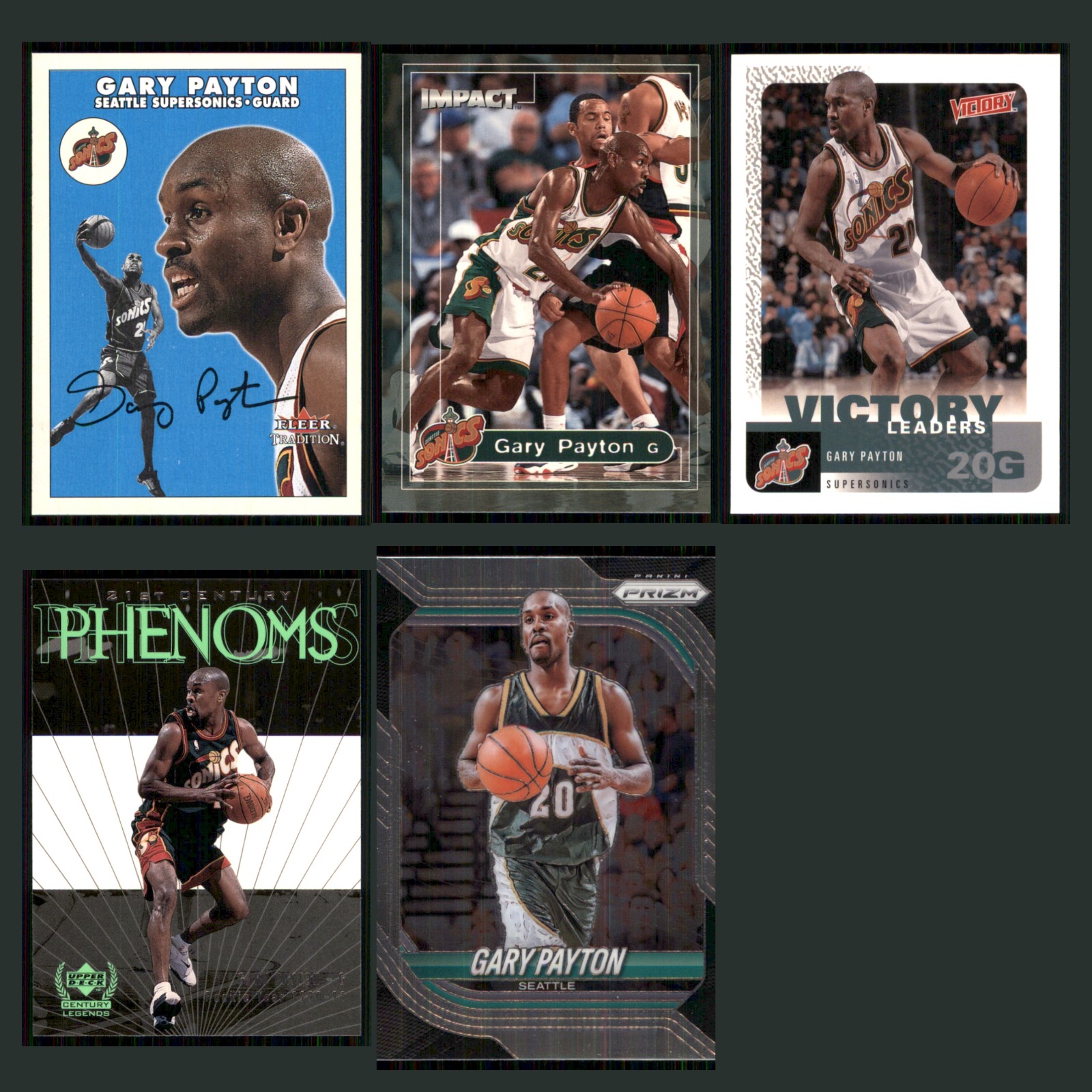 Gary Payton Lot 5 Basketball Cards 2001 Fluera Tradition Seattle Supersonics Set card scans. Overall card condition is Near Mint.